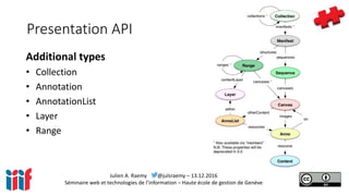 Julien A. Raemy @julsraemy – 13.12.2016
Séminaire web et technologies de l’information – Haute école de gestion de Genève
Presentation API
Additional types
• Collection
• Annotation
• AnnotationList
• Layer
• Range
 