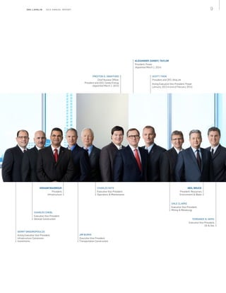 9S N C - L AVA L I N    2 0 1 3 A N N U A L R E P O R T
CHARLES CHEBL
Executive Vice-President,
General Construction
HISHAM MAHMOUD
President,
Infrastructure
DALE CLARKE
Executive Vice-President,
Mining  Metallurgy
ALEXANDER (SANDY) TAYLOR
President, Power
(Appointed March 1, 2014)
PRESTON D. SWAFFORD
Chief Nuclear Officer,
President and CEO, Candu Energy
(Appointed March 1, 2014)
SCOTT THON
President and CEO, AltaLink
Acting Executive Vice-President, Power
(January 2013 to end of February 2014)
TERRANCE N. IVERS
Executive Vice-President,
Oil  Gas
NEIL BRUCE
President, Resources,
Environment  Water
CHARLES RATE
Executive Vice-President,
Operations  Maintenance
JIM BURKE
Executive Vice-President,
Transportation Construction
GERRY GRIGOROPOULOS
Acting Executive Vice‑President,
Infrastructure Concession
Investments
 