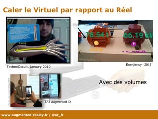 www.augmented-reality.fr / @ar_fr
Caler le Virtuel par rapport au Réel
Avec des volumes
TechneOccult, January 2010
Energiency - 2015
https://www.youtube.com/watch?v=tb0pMeg1UN0#t=80
TAT augmented ID
 