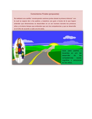 Comentarios Finales (propuesta):

Se realizará una cartilla “construyendo caminos juntos desde la primera infancia” con
la cual se espera dar a los padres y maestros una guía a través de la que logren
entender que dimensiones se desarrollan en un ser humano durante los primeros
años y al mismo tiempo que entiendan que son las competencias y que se desarrolla
en el niño de acuerdo a cada una de estas.




                                                                  Guía para padres y
                                                                  docentes en pro del
                                                                  desarrollo    de    las
                                                                  competencias     social,
                                                                  cognitiva y emocional
                                                                  en los niños.
 