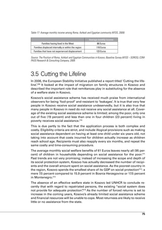 Table 17: Average monthly income among Roma, Ashkali and Egyptian community (KFOS, 2009)

                                                        Average monthly income
           Families having lived in the West                   88 Euros
   Families displaced internally or within the region          118 Euros
  Families that have not experienced displacement              123 Euros

Source: The Position of Roma, Ashkali and Egyptian Communities in Kosovo, Baseline Survey (KFOS – SOROS), COM-
PASS Research & Consulting Company, 2009.




3.5 Cutting the Lifeline
In 2006, the European Stability Initiative published a report titled ‘Cutting the life-
line’.209 It looked at the impact of migration on family structures in Kosovo and
described the important role that remittances play in substituting for the absence
of a welfare state in Kosovo.
Kosovo’s social assistance scheme has received much praise from international
observers for being ‘fool-proof’ and resistant to ‘leakages’. It is true that very few
people in Kosovo receive social assistance undeservedly, but it is also true that
many people in Kosovo in need do not receive any social assistance at all. Cover-
age of the existing social assistance scheme is limited; among the poor, only one
out of five (19 percent) and less than one in four children (23 percent) living in
poverty receives social assistance.210
This is due partly to the fact that the application process is both complex and
costly. Eligibility criteria are strict, and include illogical provisions such as making
social assistance dependent on having at least one child under six years old, not
taking into account that costs incurred for children actually increase as children
reach school age. Recipients must also reapply every six months, and repeat the
same costly and time-consuming procedure.
The average monthly social welfare benefits of 61 Euros leaves nearly all (95 per-
cent) of children in households depending on social assistance for the poor.211
Past trends are not very promising; instead of increasing the scope and depth of
its social protection system, Kosovo has actually decreased the number of recipi-
ents and the overall amount spent on social assistance. As the poorest country in
the region, Kosovo spends the smallest share of its GDP on social protection212: a
mere 7.5 percent compared to 15.9 percent in Bosnia Herzegovina or 17.5 percent
in Montenegro.213
The absence of an effective welfare state in Kosovo led UNHCR to conclude re-
cently that with regard to repatriated persons, the existing “social system does
not provide for adequate protection”214 As the number of forced returns is set to
                                        .
increase in the coming years, Kosovo’s already limited social assistance scheme
and financial resources will be unable to cope. Most returnees are likely to receive
little or no assistance from the state.



                                                                                                           75
 