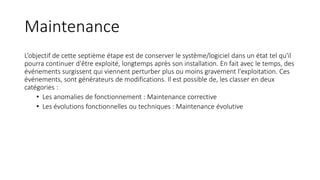Maintenance
L’objectif de cette septième étape est de conserver le système/logiciel dans un état tel qu'il
pourra continuer d'être exploité, longtemps après son installation. En fait avec le temps, des
événements surgissent qui viennent perturber plus ou moins gravement l'exploitation. Ces
événements, sont générateurs de modifications. Il est possible de, les classer en deux
catégories :
• Les anomalies de fonctionnement : Maintenance corrective
• Les évolutions fonctionnelles ou techniques : Maintenance évolutive
 