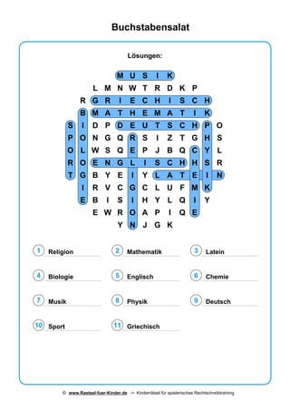 Buchstabensalat
Lösungen:
S
P
O
R
T
R
B
I
O
L
O
G
I
E
L
G
M
D
N
W
E
B
R
B
E
M
R
A
P
G
S
N
Y
V
I
W
M
N
I
T
D
Q
Q
G
E
C
S
R
...