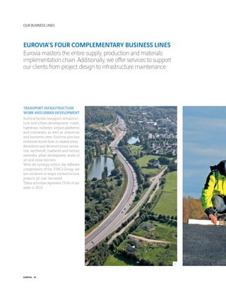 our business lines

EUROVIA’S FOUR COMPLEMENTARY BUSINESS LINES
Eurovia masters the entire supply, production and materials
implementation chain. Additionally, we offer services to support
our clients from project design to infrastructure maintenance.

TRANSPORT INFRASTRUCTURE
WORK AND URBAN DEVELOPMENT
Eurovia builds transport infrastructure and urban development: roads,
highways, railways, airport platforms
and tramways, as well as industrial
and business sites. Eurovia also has
extensive know-how in related areas :
demolition and deconstruction, sanitation, earthwork, roadwork and various
networks, urban development, works of
art and noise barriers.
With the synergy within the different
components of the VINCI Group, we
are involved in major infrastructure
projects all over the world.
These activities represent 73.1% of our
sales in 2012.

1

EUROVIA - 32

 