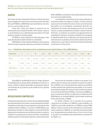 ISSN 0034-7590
ARTÍCULOS | REIT EN BRASIL: UNA OPORTUNIDAD DE DIVERSIFICACIÓN INTERNACIONAL
Maria Celia López-Penabad | Carmen López-Andión | Ana Iglesias-Casal | José Manuel Maside-Sanfiz
309 | © RAE | São Paulo | V. 57 | n. 4 | jul-ago 2017 | 302-316
DATOS
De la base de datos Datastream Thomson Financial Services
fueron recogidos los valores de cierre de cada sesión del índice
Ifix y los ETF BOVA11 y SPDR S&P500 para el período de 1 de enero
de 2011 a 30 de octubre de 2015:
Índice Ifix, índice que refleja la evolución de los
rendimientos de la industria de REIT o FII en Brasil, creado el
31 de diciembre de 2010, determinando este hecho el inicio del
período a estudiar en nuestro trabajo.
ETF BOVA11, fondo indexado al índice Ibovespa, como
proxy del mercado bursátil de Brasil en su totalidad.
SPDR S&P500, fondo indexado al S&P500 cuya muestra de
cálculo incluye 500 grandes empresas que cotizan en las bolsas
NYSE o NASDAQ, considerado el más representativo del mercado
de acciones de Estados Unidos.
Los estadísticos descriptivos de las series utilizadas en
el presente trabajo se recogen en la Tabla 1. En ella se observa
que las series de rendimientos de los índices son estacionarias
(test ADF) y no se distribuyen normalmente (test JB). Los
coeficientes de curtosis más elevados que los de una normal
indican la mayor probabilidad de obtener valores extremos.
Asimismo, se evidencia la existencia de agrupamientos de
volatilidad al contrastar, mediante el estadístico de Ljung-Box,
la significatividad de los coeficientes de autocorrelación de
orden diez de los cuadrados y de los valores absolutos de dichos
rendimientos, lo que indica la existencia de heterocedasticidad
condicional en dichas series.
Tabla 1.	Estadísticos descriptivos de los rendimientos de los índices Bova11, Ifix y SPDR S&P500
Rendimiento S K JB p-val ADF p-val tQ(r2
) p-val Q(|rt
|) p-val Obs.
Bova11 -0.171 5.418 252.254 0.000 -33.779 0.000 174.34 0.000 127.25 0.000 1015
Ifix -0.188 9.713 1911.967 0.000 -12.136 0.000 118.48 0.000 137.64 0.000 1015
SPDR S&P500 -0.196 6.545 538.165 0.000 -38.639 0.000 579.55 0.000 404.13 0.000 1015
Nota: S es el coeficiente de asimetría; K es el de curtosis; JB es el test de Jarque-Bera de normalidad; ADF es el test de raíz unitaria de Dickey y Fuller Ampliado en el que
los retardos de la ecuación auxiliar se determinan con el Criterio de Schwarz; Q(r1
2
) y Q(|rt
|) son respectivamente el test de Ljung-Box para autocorrelación de orden diez
de los cuadrados y los valores absolutos de los rendimientos. Los datos utilizados corresponden al período de estimación que comprende desde el 10 de enero de 2011
hasta el 28 de noviembre de 2014.
Para reflejar la rentabilidad del activo sin riesgo, utilizamos
la rentabilidad de la deuda pública del gobierno de Brasil a 9
meses, emitida en dólares disponibles en Datastream desde el
1 de diciembre de 2014 hasta el 30 de octubre de 2015, período
de predicción.
RESULTADOS EMPÍRICOS
Consideramos la posición de un inversor de nacionalidad brasileña
quetomaposicionesentresactivos:unoquerepresentalainversión
inmobiliaria, el índice Ifix; otro que representa al mercado de renta
variable de Brasil, el BOVA11; y un tercero, el SPDR S&P500, que
representa la inversión en renta variable en el mercado de EE.UU.
Ajustamos los rendimientos de este último teniendo en cuenta los
cambios en la moneda para el inversor de Brasil. Consideramos
también que dicho inversor puede reajustar su cartera diariamente.
Esta sección de resultados se divide en tres partes. En la
primera parte se estiman para el período muestral los modelos
DCC y VAR-DCC. Con este procedimiento tratamos de identificar
la mejor especificación posible para cada modelo. En la ecuación
de la media del modelo DCC hemos incluido un término constante
en el caso del rendimiento del BOVA11, una estructura ARMA(4,2)
para el rendimiento del Ifix y un AR(1) para el rendimiento del
SPDR S&P500. En el modelo VAR-DCC, para la media condicional
hemos seleccionado un VAR(4).
En ambos modelos, en la ecuación de la varianza
condicional se considera un t-TARCH(2,1) para el BOVA11, un
t-TARCH(1,1) para el Ifix y, finalmente, un t-TARCH(1,1) para el SPDR
S&P500. Para la ecuación de las correlaciones condicionales
hemos utilizado un GARCH(1,1). El período muestral utilizado
es el correspondiente al período del 10/1/2011 al 28/11/2014
(1.015 días). Los resultados de las estimaciones se muestran en
las Tablas 2 y 3
 