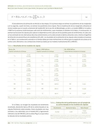 ISSN 0034-7590
ARTÍCULOS | REIT EN BRASIL: UNA OPORTUNIDAD DE DIVERSIFICACIÓN INTERNACIONAL
Maria Celia López-Penabad | Carmen López-Andión | Ana Iglesias-Casal | José Manuel Maside-Sanfiz
315 | © RAE | São Paulo | V. 57 | n. 4 | jul-ago 2017 | 302-316
( | |)q u v
1
t
L
L L t
L
L t j t j
j
q
0 1 1 2
1
x c c x cK= + +- - -
=
| (14)
El procedimiento de estimación se efectúa en dos etapas. En la primera etapa se estiman los parámetros de las marginales
y en la segunda, a partir de éstos, se estiman los parámetros de la cópula. Para la modelización de las marginales utilizamos el
mismo modelo que en la parte univariante del modelo DCC de la sección de Metodología, es decir, un modelo ARMA en la media y
t-TARCH en la varianza condicional para cada serie de rendimientos, cuyos resultados se detallan en la Tabla 2. A continuación, se
estiman las funciones de cópulas para capturar la dependencia entre cada uno de los posibles pares de rendimientos. En cada caso
se han estimado las tres alternativas descritas anteriormente y se ha seleccionado la óptima utilizando como criterios el logaritmo
de la función de verosimilitud y los estadísticos AIC y BIC. Los resultados de la estimación de las cópulas seleccionadas se muestran
en la Tabla 6. Las correlaciones variando en el tiempo dadas por estas estimaciones se utilizan para la asignación de activos en la
cartera como alternativa a las correlaciones dinámicas dadas por los modelos multivariantes DCC y VAR-DCC.
Tabla 6.	Resultados de los modelos de cópula
Bova11-Ifix
Cópula t variante en el tiempo
Bova11- SPDR S&P500
Cópula t variante en el tiempo
Ifix- SPDR S&P500
Cópula Normal variante en el tiempo
γ0T
0.126
(0.063)
γ0T
0.242
(0.194)
γ0N
-0.025
(0.051)
γ1T
0.231
(0.131)
γ1T
0.266
(0.156)
γ1N
0.260
(0.173)
γ2T
0.960
(0.525)
γ2T
1.075
(0.960)
γ2N
0.257
(0.928)
γ3T
-1.283
(0.868)
γ3T
1.282
(0.226)
γ4T
0.160
(0.973)
γ4T
-5.161
(0.355)
γ5T
-0.093
(0.065)
γ5T
-0.072
(0.0005)
AIC -49.25 AIC -198.23 AIC -0.951
BIC -49.23 BIC -198.21 BIC -0.939
LL 24.63 LL 99.12 LL 0.478
Nota: Resultados de la estimación por máxima verosimilitud. Entre paréntesis figuran los errores estándar asintóticos. LL es el logaritmo de verosimilitud de la cópula en
el máximo, AIC es el criterio de información de Akaike y BIC es el criterio de información bayesiano de Schwarz.
En la Tabla 7 se recogen los resultados de rendimiento
anualizado, desviación típica y RS de la cartera basada en las
cópulas finalmente seleccionadas. Estos resultados son muy
similares a los obtenidos con el modelo DCC y ligeramente
inferiores a los del VAR-DCC y de la cartera Plug-in, lo que indica
la robustez de los resultados previos.
Tabla 7.	Evaluación de la performance out-of-sample de
la cartera basada en los modelos de cópulas
Rendimiento Desviación típica Ratio Sharpe
65.892 7.368
8.942
(0.0002)
Nota: Rendimientos anualizados. Entre paréntesis figuran los p-valores obtenidos
en el contraste de igualdad de la RS de cada una de las carteras con la RS de la de
referencia, utilizando la metodología propuesta por Ledoit y Wolf (2008).
 