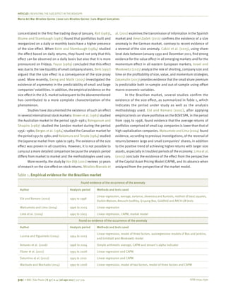ISSN 0034-7590
ARTICLES | REVISITING THE SIZE EFFECT IN THE BOVESPA
Maria del Mar Miralles-Quiros | Jose Luis Miralles-Quiros | Luis Miguel Gonçalves
319 | © RAE | São Paulo | V. 57 | n. 4 | jul-ago 2017 | 317-329
concentrated in the first five trading days of January. Roll (1983),
Blume and Stambaugh (1983) found that portfolios built and
reorganized on a daily or monthly basis have a higher presence
of the size effect. When Keim and Stambaugh (1984) studied
the effect based on daily returns, they found not only that this
effect can be observed on a daily basis but also that it is more
pronounced on Fridays. Fouse (1989) concluded that this effect
was due to the low liquidity of small company shares. Berk (1997)
argued that the size effect is a consequence of the size proxy
used. More recently, Ewing and Malik (2005) investigated the
existence of asymmetry in the predictability of small and large
companies’ volatilities. In addition, the empirical evidence on the
size effect in the U.S. market subsequent to the abovementioned
has contributed to a more complete characterization of the
phenomenon.
Studies have documented the existence of such an effect
in several international stock markets: Brown et al. (1983) studied
the Australian market in the period 1958–1981; Reinganum and
Shapiro (1987) studied the London market during the period
1956–1980; Berges et al. (1984) studied the Canadian market for
the period 1951 to 1980; and Nakamura and Terada (1984) studied
the Japanese market from 1966 to 1983. The existence of the size
effect was proven in all countries. However, it is not possible to
carry out a more detailed comparison because the analysis period
differs from market to market and the methodologies used vary.
More recently, the study by Van Dijk (2011) reviews 30 years
of research on the size effect on stock returns. Miralles-Marcelo et
al. (2011) examines the transmission of information in the Spanish
market and Amel-Zadeh (2011) confirms the existence of a size
anomaly in the German market, contrary to recent evidence of
a reversal of the size anomaly. Cakici et al. (2013), using share-
level data between January 1990 and December 2011, find strong
evidence for the value effect in all emerging markets and for the
momentum effect in all eastern European markets. Israel and
Moskowitz (2013) analyze the role of shorting, company size and
time on the profitability of size, value, and momentum strategies.
Zakamulin (2013) provides evidence that the small share premium
is predictable both in-sample and out-of-sample using offset
macro-economic variables.
In the Brazilian market, several studies confirm the
existence of the size effect, as summarized in Table 1, which
indicates the period under study as well as the analysis
methodology used. Eid and Romaro (2002), after applying
empirical tests on share portfolios on the BOVESPA, in the period
from 1995 to 1998, found evidence that the average returns of
portfolios comprised of small cap companies is lower than that of
high capitalization companies. Matsumoto and Lima (2004) found
evidence, according to previous investigations, of the reversal of
returns between large and small companies’ shares, in addition
to the positive trend of achieving higher returns with larger size
assets, especially in troubled periods of the economy. Lima et al.
(2005) conclude the existence of the effect from the perspective
of the Capital Asset Pricing Model (CAPM), and its absence when
analyzed from the perspective of the market model.
Table 1.	Empirical evidence for the Brazilian market
Found evidence of the occurrence of the anomaly
Author Analysis period Methods and tests used
Eid and Romaro (2002) 1995 to 1998
Linear regression, average, variance, skewness and kurtosis, method of least squares,
Durbin-Watson, Breusch-Godfrey, Q Lyung-Box, Goldfeld and ARCH-LM tests
Matsumoto and Lima (2004) 1996 to 2003 Linear regression
Lima et al. (2005) 1995 to 2003 Linear regression, CAPM, market model
Found no evidence of the occurrence of the anomaly
Author Analysis period Methods and tests used
Lucena and Figueiredo (2004) 1994 to 2003
Linear regression, model of three factors, autoregressive models of Box and Jenkins,
and Grinblatt and Moskowitz model
Antunes et al. (2006) 1998 to 2004 Simple arithmetic average, CAPM and Jensen’s alpha indicator
Flister et al. (2011) 1995 to 2008 Linear regression and CAPM
Saturnino et al. (2012) 1995 to 2010 Linear regression and CAPM
Machado and Machado (2014) 1995 to 2008 Linear regression, model of two factors, model of three factors and CAPM
 
