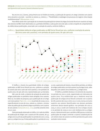 ISSN 0034-7590
ESPECIALRAE| EXPLORAÇÃO DO ACERVO DA RAE-REVISTA DE ADMINISTRAÇÃO DE EMPRESAS (DE1961 A 2016) À LUZDA BIBLIOMETRIA, TEXT MINING, REDESOCIALEGEOANÁLISE
José Eduardo Ricciardi Favaretto | Eduardo de Rezende Francisco
372 | © RAE | São Paulo | V. 57 | n. 4 | jul-ago 2017 | 365-390
No ano de 2012, ocorreu, pela primeira vez na história da revista, a publicação de apenas um artigo contando com autoria
única durante o ano todo – ocorrido no volume 52, número 3 – “Flexibilidade e modelagem de processos de negócio: Uma relação
multidimensional” (Albuquerque, 2012).
Para refinar ainda mais a percepção do incremento da publicação do número de artigos (incluindo fórum) em coautoria ao longo
dos volumes da RAE, foram observados os 14 períodos divididos a cada quatro anos (de 1961 a 2016) a respeito do comportamento
da média dessas publicações, associado com a variação da autoria, conforme Gráfico 3.
Gráfico 3.	 Quantidade média de artigos publicados na RAE (inclui fórum) por ano, conforme a variação da autoria
(de único autor até 9 autores), e em períodos de quatro anos, de 1961 até 2016
1
2
3
4
5
6
9
1961-1964
1965-19681969-1972
1973-1976
1977-19801981-1984
1985-1988
1989-19921993-1996
1997-20002001-20042005-2008
2009-2012
2013-2016
Períodos de t empo (a cada 4 anos) de 1961 a 2016
30
25
20
15
10
5
0
Quantidademédiadeartigos(incluiFórum)
21,8
21
11,5 10,8
13,3
9,8
14,8
23,5
24,8
26,3
14,8
1,5
2,5 2
0,3 0,3 0,3 0,3 0,3
0,3 0,3
0,8
0,5
0,8
4,8 4,5
4,3
9,5
0,5 0,5 0,5
1,3
5,3 3,3
6,8
6
7
3,8 3,83,8
2,82,3
1,5 1,5
1
17,8 17,3
14,3
20
Variação
da Autoria
O Gráfico 3 mostra da quantidade média de artigos
publicados na RAE (inclui fórum) por ano, conforme a variação
da autoria (de único autor até nove autores), e em períodos de
quatro anos, de 1961 até 2016, representados por 14 intervalos.
Até o ano de 2008, o máximo de variação de autoria dos
artigos publicados no periódico havia atingido cinco autores.
Nota-se, nos dados da pesquisa, que a publicação de um artigo
com nove autores (Tigre et al., 2011), no período de 2009 a 2012,
especificamente no ano de 2011, volume 51, número 1, ocorreu
antes da publicação do primeiro artigo no periódico com a autoria
de seis autores (Comassetto et al., 2013), ocorrida somente entre
2013 e 2016.
Outra percepção observada no Gráfico 3 é o salto da média
de publicação de artigos com a autoria de três autores, de 4,5
artigos/ano (17,3% das publicações) no período de 2001 a 2004
para 17,3 artigos/ano (40,1% das publicações) no período de 2013
a 2016, superando até mesmo, nesse último período, as médias
de artigos publicados com dois autores (14,8 artigos/ano), além
daqueles com autoria única (média de 4,3 artigos/ano).
O Gráfico 4 também destaca o incremento da coautoria
no período de 2001 a 2016, segmentado em intervalos de
quatro anos. Fica evidenciado que a mediana anual da
publicação de artigos (inclui fórum) contando com a autoria
de três autores (de 16,5), entre 2013 e 2016, tornou-se muito
superior aos valores identificados nos demais períodos
anteriores desse mesmo gráfico: nos períodos de 2001 a
2004 e 2005 a 2008 com mediana de cinco artigos anuais
e no período de 2009 a 2012 com mediana de 6,5 artigos
anuais, demonstrando que o periódico RAE passou a priorizar
publicações de artigos contendo a autoria (colaboração) de
um número maior de autores no último período de quatro anos
avaliado neste estudo.
 