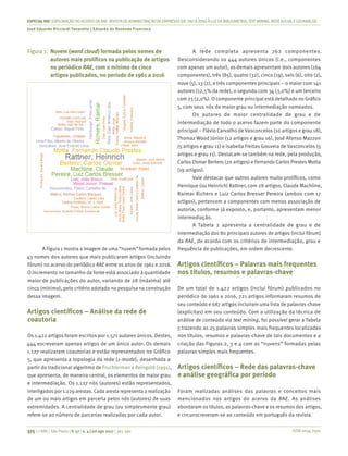 ISSN 0034-7590
ESPECIALRAE| EXPLORAÇÃO DO ACERVO DA RAE-REVISTA DE ADMINISTRAÇÃO DE EMPRESAS (DE1961 A 2016) À LUZDA BIBLIOMETRIA, TEXT MINING, REDESOCIALEGEOANÁLISE
José Eduardo Ricciardi Favaretto | Eduardo de Rezende Francisco
375 | © RAE | São Paulo | V. 57 | n. 4 | jul-ago 2017 | 365-390
Figura 1.	 Nuvem (word cloud) formada pelos nomes de
autores mais prolíficos na publicação de artigos
no periódico RAE, com o mínimo de cinco
artigos publicados, no período de 1961 a 2016
A Figura 1 mostra a imagem de uma “nuvem” formada pelos
43 nomes dos autores que mais publicaram artigos (incluindo
fórum) no acervo do periódico RAE entre os anos de 1961 e 2016.
O incremento no tamanho da fonte está associado à quantidade
maior de publicações do autor, variando de 28 (máxima) até
cinco (mínimo), pelo critério adotado na pesquisa na construção
dessa imagem.
Artigos científicos – Análise da rede de
coautoria
Os 1.422 artigos foram escritos por 1.571 autores únicos. Destes,
444 escreveram apenas artigos de um único autor. Os demais
1.127 realizaram coautorias e estão representados no Gráfico
5, que apresenta a topologia da rede (1-mode), desenhada a
partir do tradicional algoritmo de Fruchterman e Reingold (1991),
que apresenta, de maneira central, os elementos de maior grau
e intermediação. Os 1.127 nós (autores) estão representados,
interligados por 1.229 arestas. Cada aresta representa a realização
de um ou mais artigos em parceria pelos nós (autores) de suas
extremidades. A centralidade de grau (ou simplesmente grau)
refere-se ao número de parcerias realizadas por cada autor.
A rede completa apresenta 762 componentes.
Desconsiderando os 444 autores únicos (i.e., componentes
com apenas um autor), as demais apresentam dois autores (164
componentes), três (85), quatro (32), cinco (19), seis (6), oito (2),
nove (5), 13 (2), e três componentes principais – o maior com 141
autores (12,5% da rede), o segundo com 34 (3,0%) e um terceiro
com 23 (2,0%). O componente principal está detalhado no Gráfico
5, com seus nós de maior grau ou intermediação nomeados.
Os autores de maior centralidade de grau e de
intermediação de todo o acervo fazem parte do componente
principal – Flávio Carvalho de Vasconcelos (10 artigos e grau 18),
Thomaz Wood Júnior (12 artigos e grau 16), José Afonso Mazzon
(5 artigos e grau 11) e Isabella Freitas Gouveia de Vasconcelos (5
artigos e grau 11). Destacam-se também na rede, pela produção,
Carlos Osmar Bertero (20 artigos) e Fernando Carlos Prestes Motta
(19 artigos).
Vale destacar que outros autores muito prolíficos, como
Henrique (ou Heinrich) Rattner, com 28 artigos, Claude Machline,
Raimar Richers e Luiz Carlos Bresser Pereira (ambos com 17
artigos), pertencem a componentes com menos associação de
autoria, conforme já exposto, e, portanto, apresentam menor
intermediação.
A Tabela 2 apresenta a centralidade de grau e de
intermediação dos 80 principais autores de artigos (inclui fórum)
da RAE, de acordo com os critérios de intermediação, grau e
frequência de publicações, em ordem decrescente.
Artigos científicos – Palavras mais frequentes
nos títulos, resumos e palavras-chave
De um total de 1.422 artigos (inclui fórum) publicados no
periódico de 1961 a 2016, 721 artigos informaram resumos de
seu conteúdo e 687 artigos incluíram uma lista de palavras-chave
(explícitas) em seu conteúdo. Com a utilização da técnica de
análise de conteúdo via text mining, foi possível gerar a Tabela
3 trazendo as 25 palavras simples mais frequentes localizadas
nos títulos, resumos e palavras-chave de tais documentos e a
criação das Figuras 2, 3 e 4 com as “nuvens” formadas pelas
palavras simples mais frequentes.
Artigos científicos – Rede das palavras-chave
e análise geográfica por período
Foram realizadas análises das palavras e conceitos mais
mencionados nos artigos do acervo da RAE. As análises
abordaram os títulos, as palavras-chave e os resumos dos artigos,
e circunscreveram-se ao conteúdo em português da revista.
 
