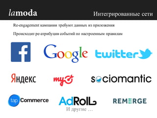 Интегрированные сети
И другие …
Re-engagement кампании требуют данных из приложения
Происходит ре-атрибуция событий по настроенным правилам
 