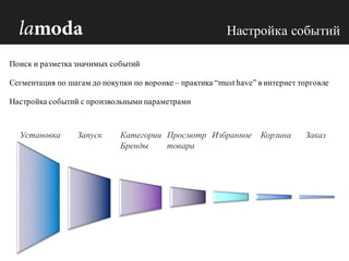 Настройка событий
Поиск и разметка значимых событий
Сегментация по шагам до покупки по воронке – практика “must have” в интернет торговле
Настройка событий с произвольными параметрами
Установка Запуск Категории
Бренды
Просмотр
товара
Избранное Корзина Заказ
 