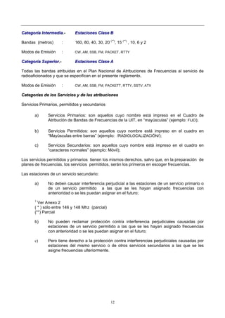 12
CCaatteeggoorrííaa IInntteerrmmeeddiiaa.- EEssttaacciioonneess CCllaassee BB
Bandas (metros) : 160, 80, 40, 30, 20 (**)
, 15 (**)
, 10, 6 y 2
Modos de Emisión : CW, AM, SSB, FM, PACKET, RTTY
CCaatteeggoorrííaa SSuuppeerriioorr.- EEssttaacciioonneess CCllaassee AA
Todas las bandas atribuidas en el Plan Nacional de Atribuciones de Frecuencias al servicio de
radioaficionados y que se especifican en el presente reglamento.
Modos de Emisión : CW, AM, SSB, FM, PACKETT, RTTY, SSTV, ATV
CCaatteeggoorrííaass ddee llooss SSeerrvviicciiooss yy ddee llaass aattrriibbuucciioonneess
Servicios Primarios, permitidos y secundarios
a) Servicios Primarios: son aquellos cuyo nombre está impreso en el Cuadro de
Atribución de Bandas de Frecuencias de la UIT, en “mayúsculas” (ejemplo: FIJO);
b) Servicios Permitidos: son aquellos cuyo nombre está impreso en el cuadro en
“Mayúsculas entre barras” (ejemplo: /RADIOLOCALIZACIÓN/);
c) Servicios Secundarios: son aquellos cuyo nombre está impreso en el cuadro en
“caracteres normales” (ejemplo: Móvil);
Los servicios permitidos y primarios tienen los mismos derechos, salvo que, en la preparación de
planes de frecuencias, los servicios permitidos, serán los primeros en escoger frecuencias.
Las estaciones de un servicio secundario:
a) No deben causar interferencia perjudicial a las estaciones de un servicio primario o
de un servicio permitido a las que se les hayan asignado frecuencias con
anterioridad o se les puedan asignar en el futuro;
1
Ver Anexo 2
( * ) sólo entre 146 y 148 Mhz (parcial)
(**) Parcial
b) No pueden reclamar protección contra interferencia perjudiciales causadas por
estaciones de un servicio permitido a las que se les hayan asignado frecuencias
con anterioridad o se les puedan asignar en el futuro;
c) Pero tiene derecho a la protección contra interferencias perjudiciales causadas por
estaciones del mismo servicio o de otros servicios secundarios a las que se les
asigne frecuencias ulteriormente.
 