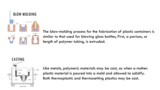 27
BLOW MOLDING
The blow-molding process for the fabrication of plastic containers is
similar to that used for blowing glass bottles, First, a parison, or
length of polymer tubing, is extruded.
CASTING
Like metals, polymeric materials may be cast, as when a molten
plastic material is poured into a mold and allowed to solidify.
Both thermoplastic and thermosetting plastics may be cast.
 