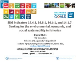 SDG Indicators 14.4.1, 14.6.1, 14.b.1, and 14.1.7.
Seeking for the environmental, economic, and
social sustainability in fisheries
Cristina Ribeiro
FAO Consultant
Fisheries and Aquaculture Department
Food and Agriculture Organization of the UN, Rome, Italy,
cristina.ribeiro@fao.org
AFRICAN COMMISSION ON AGRICULTURAL STATISTICS
Twenty-Fifth Session
Entebbe, Uganda, 13 – 17 November 2017
 