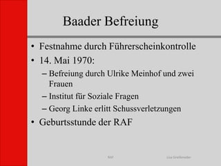 Baader BefreiungLisa GreifenederRAFFestnahme durch Führerscheinkontrolle14. Mai 1970: Befreiung durch Ulrike Meinhof und zwei FrauenInstitut für Soziale FragenGeorg Linke erlitt Schussverletzungen Geburtsstunde der RAF