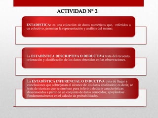 ESTADISTICA: es una colección de datos numéricos que, referidos a
un colectivo, permiten la representación y análisis del mismo.
La ESTADÍSTICA DESCRIPTIVA O DEDUCTIVA trata del recuento,
ordenación y clasificación de los datos obtenidos en las observaciones.
La ESTADÍSTICA INFERENCIAL O INDUCTIVA trata de llegar a
conclusiones que sobrepasan el alcance de los datos analizados; es decir, se
trata de técnicas que se emplean para inferir o deducir características
desconocidas a partir de un conjunto de datos conocidos, apoyándose
fundamentalmente en el cálculo de probabilidades.