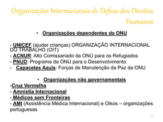 Organizações Internacionais de Defesa dos Direitos 
Humanos 
• Organizações dependentes da ONU 
- UNICEF (ajudar crianças) ORGANIZAÇÃO INTERNACIONAL 
DO TRABALHO (OIT) 
- ACNUR: Alto Comissariado da ONU para os Refugiados 
- PNUD: Programa da ONU para o Desenvolvimento 
- Capacetes Azuis: Forças de Manutenção da Paz da ONU 
• Organizações não governamentais 
-Cruz Vermelha 
- Amnistia Internacional 
- Médicos sem Fronteiras 
- AMI (Assistência Médica Internacional) e Oikos – organizações 
portuguesas 
17 
 