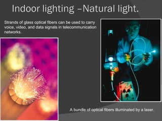 A bundle of optical fibers illuminated by a laser. Strands of glass optical fibers can be used to carry voice, video, and data signals in telecommunication networks.  