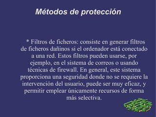 Métodos de protección * Filtros de ficheros: consiste en generar filtros de ficheros dañinos si el ordenador está conectado a una red. Estos filtros pueden usarse, por ejemplo, en el sistema de correos o usando técnicas de firewall. En general, este sistema proporciona una seguridad donde no se requiere la intervención del usuario, puede ser muy eficaz, y permitir emplear únicamente recursos de forma más selectiva. 