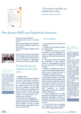 26 R a p p o r t d ' a c t i v i t é 2 0 0 6
Plan d'action FACE pour l'égalité de traitementPlan d'action FACE pour l'égalité de traitement
" Il est capital aujourd'hui que
l'égalité soit au centre "
Patrick Nédélec, Délégué Général FACE.
Qu’est ce que la discrimination ?
Connaissons-nous la loi du 16 novembre
2001 ?
Quels risques juridiques pour l’entreprise ?
Dans nos choix quotidiens, discrimine t-on
sans le savoir ?
Quels sont les intérêts de l’égalité de traite-
ment ?
Pour trouver les réponses à ces questions
FACE a élaboré avec et pour des entrepri-
ses un véritable mode d’emploi précis et
concret afin d’assurer un accompagne-
ment dans une démarche d’égalité réelle.
Un plan d’action qui
s’appuie sur trois prin-
cipes …
- L’égalité au centre
Il est capital aujourd’hui que l’égalité soit
au centre. Il s’agit d’abord de mettre en
œuvre le droit de chacun au regard de la
loi. Il ne s’agit pas d’afficher un privilège
pour certains publics, mais bien, parce
qu’ils sont compétents, que ces publics
soient recrutés ou promus. Notre choix est
donc de construire l’égalité réelle, puis
ensuite de veiller à ce que cette égalité
contribue à la diversité, grâce à une -
politique active et volontaire.
Un plan d’action et des engagements
Ce plan d’action est un engagement où 7
objectifs sont déclinés. Des outils pragma-
tiques permettent une mise en œuvre
simple et efficace. L’accompagnement est
assuré par le club FACE.
…et 7 actions
- Une contractualisation entre FACE et les
entreprises
1 – Nommer un(e) responsable chargé(e)
de manager ce plan
2 – Sensibiliser et former ad minima
l’ensemble de la ligne managériale aux
enjeux de l’égalité de traitement dans le
recrutement, la formation et la gestion des
carrières
3 – Communiquer auprès de l’ensemble
des collaborateurs et des partenaires
sociaux, sur notre engagement en faveur
de la non discrimination et de l’égalité de
traitement
4 – Réaliser un diagnostic interne afin de
repérer les éventuelles pratiques discrimi-
natoires, pour en mesurer les enjeux et
pour dégager des priorités d’actions
5 – Définir en conséquences des engage-
ments spécifiques propres à notre entre-
prise et mettre en place concrètement des
outils et procédures garantissant l’égalité
de traitement sous toutes ses formes et
dans toutes les étapes de gestion des
ressources humaines, que sont notam-
ment l’embauche, la formation,
l’avancement ou la promotion profession-
nelle des collaborateurs.
6 – Evaluer régulièrement les résultats
pratiques de cet engagement, grâce à des
diagnostics intermédiaires. Participer aux
groupes de suivi FACE afin de permettre
un transfert des méthodes et des outils mis
en œuvre
7 – Le club FACE pourra accompagner
notre entreprise, si nous le souhaitons,
vers un label « égalité professionnelle ».
25% des actifs non ressortis-
sants de l’union européenne
sont au chômage (dont 36,6%
pour les 15-24 ans) contre 9%
de l’ensemble de la population
active et 8,3% des français.
(Source : Avril 2006 Observatoire
des discriminations)
La différence de rémunération
entre les hommes et les
femmes est de 19% en
moyenne, 23% pour les
cadres. (Source : 2004 INSEE)
" Les 5 bonnes raisons pour une
entreprise de s’engager pour
l'égalité de traitement relèvent
d'une logique de prévention du
risque et une logique
de profit.
La 1ère tient au fait que
discriminer pour des motifs
prohibés est un délit. La mise ne
œuvre de l’égalité réelle est
donc une politique de
prévention des risques.
La 2nde est que la diversité,
résultant de la mise en œuvre
de l'égalité de traitement,
stimule l'innovation et renforce
la motivation des collaborateurs.
La 3ème est qu’elle améliore
l’intégration de l’entreprise dans
son environnement local et
renforce son identité.
La 4ème offre des possibilités
de recrutement plus élargies et
permet l'intégration de
nouveaux talents.
Enfin, la dernière est qu’une
politique visant l’égalité permet
toujours la professionnalisation
des pratiques RH et est ainsi un
levier pour l’amélioration des
processus de management.
Ces affirmations sont le fruit
d'une enquête européenne sur
250 entreprises ayant conduit
une politique d'égalité, et de
l'expérience menée depuis deux
ans avec 65 entreprises de
l'Hérault ".
Florence Clargé
Directrice du club FACE
Hérault
L a d i s c r i m i n a -
t i o n e x i s t e
2 0 0 7 l ' a n n é e e u r o p é e n n e d e l ' é g a l i t é d e s c h a n c e s p o u r t o u s
Avec le soutien de :
Entreprises sans discrimination
Tous gagnants
Entreprises sans discrimination
Tous gagnants
1
2
3
4
5
6
7
Le Plan d’action FACE
pour l’égalité de traitement
Le Plan d’action FACE
pour l’égalité de traitement
,,
,,
pour
l'égalité de traitement
du plan d'action FACE
Entreprise signataire
Nommer un(e) responsable chargé(e) de manager ce plan
Sensibiliser et former l’ensemble de la ligne managériale aux enjeux de l’égalité de traitement
dans le recrutement, la formation, et la gestion des carrières
Communiquer auprès de l’ensemble des collaborateurs et des partenaires sociaux, sur notre
engagement en faveur de la non discrimination et de l’égalité de traitement
Réaliser un diagnostic interne afin de repérer les éventuelles pratiques discriminatoires, pour
en mesurer les enjeux et pour dégager des priorités d’action
Définir en conséquence des engagements spécifiques propres à notre entreprise et mettre
en place concrètement des outils et procédures garantissant l’égalité de traitement sous toutes
ses formes et dans toutes les étapes de gestion des ressources humaines, que sont notamment
l’embauche, la formation, l’avancement, ou la promotion professionnelle des collaborateurs
Evaluer régulièrement les résultats pratiques de cet engagement, grâce à des diagnostics
intermédiaires. Participer aux groupes de suivi FACE afin de permettre un transfert des
méthodes et outils mis en œuvre.
Le club FACE pourra accompagner notre entreprise, si nous le souhaitons, vers le label
« égalité professionnelle»
Nom de l'entreprise signataire :
Notre entreprise s'engage à :
2007
Fait à , le
L'entreprise signataire Le club FACE
Nom et fonction des signataires :
 