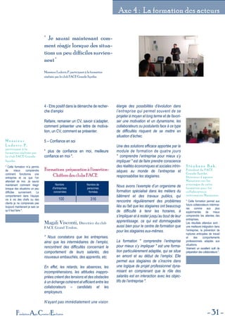 31Fondation Agir Contre l'Exclusion
Axe 4 : La formation des acteurs
" Je saurai maintenant com-
ment réagir lorsque des situa-
tions un peu difficiles survien-
nent"
Monsieur Ludovic.P, participant à la formation
réalisée par le club FACE Grande Synthe.
Nombre
d'entreprises
concernées
Nombre de
personnes
formées
100 316
Formations préparationàl'insertion:
Chiffres des clubs FACE
4 - Etre positif dans la démarche de recher-
che d’emploi
Refaire, remanier un CV, savoir s’adapter,
comment présenter une lettre de motiva-
tion, un CV, comment se présenter.
5 – Confiance en soi
" plus de confiance en moi, meilleure
confiance en moi ".
Magali Visconti, Directrice du club
FACE Grand Toulon.
" Nous constatons que les entreprises,
ainsi que les intermédiaires de l’emploi,
rencontrent des difficultés concernant le
comportement de leurs salariés, des
nouveaux embauchés, des apprentis, etc.
En effet, les retards, les absences, les
incompréhensions, les attitudes inappro-
priées créent des tensions et des obstacles
à un échange cohérent et efficient entre les
collaborateurs – candidats et les
employeurs.
N’ayant pas immédiatement une vision
élargie des possibilités d’évolution dans
l’entreprise qui permet souvent de se
projeter à moyen et long terme et de favori-
ser une motivation et un dynamisme, les
collaborateurs ou postulants face à ce type
de difficultés risquent de se mettre en
situation d’échec.
Une des solutions efficace apportée par le
module de formation de quatre jours
" comprendre l’entreprise pour mieux s’y
impliquer " est de faire prendre conscience
des réalités économiques et sociales intrin-
sèques au monde de l’entreprise et
responsabilise les stagiaires.
Nous avons l’exemple d’un organisme de
formation spécialisé dans les métiers du
bâtiment et des travaux publics, qui
rencontre régulièrement des problèmes
liés au fait que les stagiaires ont beaucoup
de difficulté à tenir les horaires, à
s’impliquer et à rester jusqu’au bout de leur
apprentissage, ce qui est dommageable
aussi bien pour le centre de formation que
pour les stagiaires eux-mêmes.
La formation " comprendre l’entreprise
pour mieux s’y impliquer " est une forma-
tion particulièrement adaptée, qui se situe
en amont et au début de l’emploi. Elle
permet aux stagiaires de s’inscrire dans
une logique de projet professionnel dyna-
misant en comprenant que le rôle des
salariés est en interaction avec les objec-
tifs de l’entreprise ".
" Cette formation m’a permis
de mieux comprendre
comment fonctionne une
entreprise et ce que l’on
attendait de moi. Je saurai
maintenant comment réagir
lorsque des situations un peu
difficiles surviennent. Le
comportement dans l’équipe
vis à vis des chefs ou des
clients je ne comprenais pas
toujours maintenant je sais ce
qu’il faut faire ".
M o n s i e u r
L u d o v i c . P ,
participant à la
formation réalisée par
le club FACE Grande
Synthe.
" Cette formation permet aux
futurs collaborateurs intérimai-
res comme aux plus
expérimentés de mieux
comprendre les attentes des
entreprises.
Les résultats attendus sont :
une meilleure intégration dans
l’entreprise, la prévention de
ruptures anticipées de travail
et des comportements
professionnels adaptés aux
situations.
Vraiment un excellent outil de
préparation des collaborateurs ".
S t é p h a n e B a k ,
Président de FACE
Grande Synthe,
Directeur d'agence
Manpower sur les
avantages de cette
formation pour les
collaborateurs
intérimaires Manpower.
 
