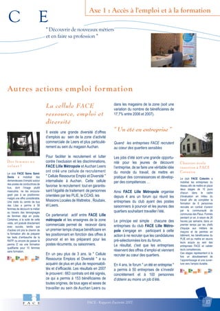 C E
FACE - Rapport d'activité 2007 17
Axe 1 : Accès à l'emploi et à la formation
Chantier école
insertion à FACE
Cotentin
D e s f e m m e s a u
v o l a n t !
Autres actions emploi formation
" Découvrir de nouveaux métiers
et en faire sa profession "
Le club FACE Seine Saint-
Denis a mobilisé des
demandeuses d’emploi autour
des postes de conductrices de
bus, dont l’image plutôt
masculine, ne les encoura-
geait pas à se positionner,
malgré une offre considérable.
Une visite du centre de bus
des Lilas a permis à 58
femmes de découvrir le métier
au travers des témoignages
de femmes déjà en poste.
Certaines, à la suite de cette
visite, ont postulé directement
avec succès, tandis que
d’autres ont pris le chemin de
la formation afin de préparer
les tests d’embauche de la
RATP, ou encore de passer le
permis D via une formation
qualifiante pour 10 femmes
sans formation.
Le club FACE Cotentin a
mobilisé les entreprises du
réseau afin de mettre en place
deux stages de 15 jours
chacun dans le cadre
d’évaluation en milieu du
travail afin de compléter la
formation de 6 personnes
recrutés en contrat d’avenir
par la communauté de
communes des Pieux. Formés
pendant un an, à raison de 26
heures par semaine, dans un
premier temps par les chefs
d’équipe aux métiers de
maçons et de peintres en
bâtiment, les bénéficiaires du
PLIE ont pu mettre en œuvre
leurs acquis au sein des
entreprises FACE et valider
leurs compétences.
Ces stages représentent à la
fois un aboutissement de
l’apprentissage et une ouver-
ture vers l’emploi durable.
La cellule FACE
ressource, emploi et
diversité
Il existe une grande diversité d’offres
d’emplois au sein de la zone d’activité
commerciale de Leers et plus particuliè-
rement au sein du magasin Auchan.
Pour faciliter le recrutement et lutter
contre l’exclusion et les discriminations,
FACE Lille Métropole et Auchan Leers
ont créé une cellule de recrutement
" Cellule Ressource Emploi et Diversité "
internalisée à Auchan. Cette cellule
favorise le recrutement tout en garantis-
sant l’égalité de traitement de personnes
orientées par les PLIE, le CCAS, les
Missions Locales de Wattrelos , Roubaix,
et Leers.
Ce partenariat actif entre FACE Lille
métropole et les enseignes de la zone
commerciale permet de recevoir dans
un premier temps chaque bénéficiaire en
les positionnant en fonction des offres à
pourvoir et en les préparant pour les
postes récurrents, ou saisonniers.
En un peu plus de 3 ans, la " Cellule
Ressource Emplois et Diversité " a su
acquérir de plus en plus de responsabili-
tés et d’efficacité. Les résultats en 2007
le prouvent : 663 contrats ont été signés,
ce qui a permis à 153 bénéficiaires de
toutes origines, de tous ages et sexes de
travailler au sein de Auchan Leers ou
dans les magasins de la zone (soit une
variation du nombre de bénéficiaires de
17,7% entre 2006 et 2007).
" Un été en entreprise "
Quand les entreprises FACE recrutent
au coeur des quartiers sensibles
Les jobs d’été sont une grande opportu-
nité pour les jeunes de découvrir
l’entreprise, de se faire une véritable idée
du monde du travail, de mettre en
pratique des connaissances et dévelop-
per des compétences …
Ainsi FACE Lille Métropole organise
depuis 4 ans un forum qui réunit les
entreprises du club ayant des postes
saisonniers à pourvoir et les jeunes des
quartiers souhaitant travailler l’été.
Le principe est simple : chacune des
entreprises du club FACE Lille Métro-
pole s’engage en participant à cette
action à ne recruter que les candidatures
pré-sélectionnées lors du forum.
Le résultat, c'est que les entreprises
réservent des offres d’emploi et viennent
recruter au cœur des quartiers.
En 4 ans, le forum " un été en entreprise "
a permis à 50 entreprises de s’investir
concrètement et à 100 personnes
d’obtenir au moins un job d’été.
 