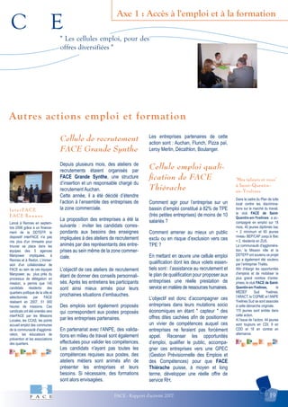 C E
FACE - Rapport d'activité 2007 19
Axe 1 : Accès à l'emploi et à la formation
"Mes talents et vous"
à Saint-Quentin-
en-Yvelines
I n t e r F A C E
F A C E R e n n e s
Autres actions emploi et formation
" Les cellules emploi, pour des
offres diversifiées "
Lancé à Rennes en septem-
bre 2006 grâce à un finance-
ment de la DDTEFP, le
dispositif interFACE n'a pas
mis plus d'un trimestre pour
trouver sa place dans les
équipes des 5 agences
Manpower impliquées, à
Rennes et à Redon. L'immer-
sion d'un collaborateur de
FACE au sein de ces équipes
Manpower, au plus près du
processus de délégation en
mission, a permis que 145
candidats résidents des
quartiers politique de la ville et
sélectionnés par FACE
réalisent en 2007, 51 000
heures de missions. Ces
candicats ont été orientés vers
interFACE par les Missions
Locales, les CCAS, les points
accueil emploi des communes
de la communauté d'agglomé-
ration, les éducateurs de
prévention et les associations
des quartiers.
Dans le cadre du Plan de lutte
local contre les discrimina-
tions sur le marché du travail,
le club FACE de Saint-
Quentin-en-Yvelines a ac-
compagné en emploi sur 18
mois, 40 jeunes diplômés bac
+ 2 minimum et 60 jeunes
niveau BEP/CAP jusqu’à Bac
+ 2, résidents en ZUS.
La communauté d'aggloméra-
tion, la Mission ville et la
DDTEFP ont soutenu ce projet
qui a également été soutenu
par l’entreprise Thalès.
Afin d’élargir les opportunités
d’emplois et de mobiliser le
plus grand nombre d’entre-
prises, le club FACE de Saint-
Quentin-en-Yvelines, le
MEDEF Sud Yvelines,
l’ARACT, la CGPME et l’ANPE
Yvelines Sud se sont associés
à cette démarche originale.
115 jeunes sont entrés dans
cette action.
A l’issue de l’action, 44 jeunes
sont toujours en CDI, 9 en
CDD et 18 en contrat en
alternance.
Cellule de recrutement
FACE Grande Synthe
Depuis plusieurs mois, des ateliers de
recrutements étaient organisés par
FACE Grande Synthe, une structure
d’insertion et un responsable chargé du
recrutement Auchan.
Cette année, il a été décidé d’étendre
l’action à l’ensemble des entreprises de
la zone commerciale.
La proposition des entreprises a été la
suivante : inviter les candidats corres-
pondants aux besoins des enseignes
impliquées à des ateliers de recrutement
animés par des représentants des entre-
prises au sein même de la zone commer-
ciale.
L’objectif de ces ateliers de recrutement
étant de donner des conseils personnali-
sés. Après les entretiens les participants
sont ainsi mieux armés pour leurs
prochaines situations d’embauches.
Des emplois sont également proposés
qui correspondent aux postes proposés
par les entreprises partenaires.
En partenariat avec l’ANPE, des valida-
tions en milieu de travail sont également
effectuées pour valider les compétences.
Les candidats n'ayant pas toutes les
compétences requises aux postes, des
ateliers métiers sont animés afin de
présenter les entreprises et leurs
besoins. Si nécessaire, des formations
sont alors envisagées.
Les entreprises partenaires de cette
action sont : Auchan, Flunch, Pizza paï,
Leroy Merlin, Décathlon, Boulanger.
Cellule emploi quali-
ﬁcation de FACE
Thiérache
Comment agir pour l’entreprise sur un
bassin d’emploi constitué à 82% de TPE
(très petites entreprises) de moins de 10
salariés ?
Comment amener au mieux un public
exclu ou en risque d’exclusion vers ces
TPE ?
En mettant en œuvre une cellule emploi
qualification dont les deux volets essen-
tiels sont : l’assistance au recrutement et
le plan de qualification pour proposer aux
entreprises une réelle prestation de
service en matière de ressources humaines.
L’objectif est donc d’accompagner ces
entreprises dans leurs mutations socio
économiques en étant " capteur " des
offres dites cachées afin de positionner
un vivier de compétences auquel ces
entreprises ne feraient pas forcément
appel. Recenser les opportunités
d’emploi, qualifier le public, accompa-
gner ces entreprises vers une GPEC
(Gestion Prévisionnelle des Emplois et
des Compétences) pour que FACE
Thiérache puisse, à moyen et long
terme, développer une réelle offre de
service RH.
 
