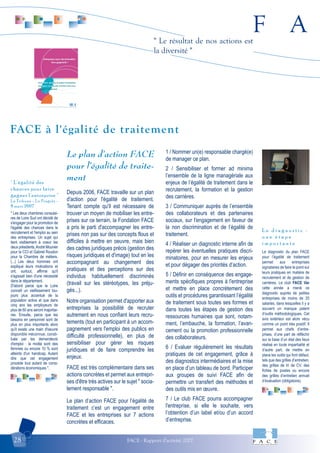F A
FACE - Rapport d'activité 200728
" Le résultat de nos actions est
la diversité "
" Les deux chambres consulai-
res de Loire Sud ont décidé de
s'engager pour la promotion de
l'égalité des chances dans le
recrutement et l'emploi au sein
des entreprises. Un sujet qui
tient visiblement à coeur les
deux présidents,André Mounier
pour la CCI et Gabriel Roudon
pour la Chambre de métiers.
(...) Les deux hommes ont
expliqué leurs motivations et
ont, surtout, affirmé qu'il
s'agissait bien d'une nécessité
dans le département.
D'abord parce que la Loire
connaît un vieillissement tou-
jours plus accentué de la
population active et que dans
cinq ans les employeurs de
plus de 60 ans seront majoritai-
res. Ensuite, parce que les
besoins en personnel sont de
plus en plus importants alors
qu'il existe une main d'oeuvre
disponible méconnue, consti-
tuée par les demandeurs
d'emploi : la moitié sont des
femmes ou encore 10 % sont
atteints d'un handicap. Autant
dire que cet engagement
procède tout autant de consi-
dérations économiques ".
" L'égalité des
chances pour faire
gagner l'entreprise "
La Tribune - Le Progrès -
8 mars 2007
Le diagnostic du plan FACE
pour l’égalité de traitement
permet aux entreprises
signataires de faire le point sur
leurs pratiques en matière de
recrutement et de gestion de
carrières. Le club FACE Var
cette année a mené ce
diagnostic auprès de petites
entreprises de moins de 20
salariés, dans lesquelles il y a
souvent un manque patent
d’outils méthodologiques. Cet
avis extérieur est alors vécu
comme un point très positif. Il
permet aux chefs d’entre-
prises, d’une part de réfléchir
sur la base d’un état des lieux
réalisé en toute impartialité et
d’autre part, de mettre en
place les outils qui font défaut,
tels que des grilles d’entretien,
des grilles de tri de CV, des
fiches de postes ou encore
des grilles d’entretien annuel
d’évaluation (obligatoire).
L e d i a g n o s t i c :
u n e é t a p e
i m p o r t a n t e
Le plan d'action FACE
pour l'égalité de traite-
ment
Depuis 2006, FACE travaille sur un plan
d'action pour l'égalité de traitement.
Tenant compte qu'il est nécessaire de
trouver un moyen de mobiliser les entre-
prises sur ce terrain, la Fondation FACE
a pris le parti d'accompagner les entre-
prises non pas sur des concepts flous et
difficiles à mettre en oeuvre, mais bien
des cadres juridiques précis (gestion des
risques juridiques et d'image) tout en les
accompagnant au changement des
pratiques et des perceptions sur des
individus habituellement discriminés
(travail sur les stéréotypes, les préju-
gés...).
Notre organisation permet d'apporter aux
entreprises la possibilité de recruter
autrement en nous confiant leurs recru-
tements (tout en participant à un accom-
pagnement vers l'emploi des publics en
difficulté professionnelle), en plus de
sensibiliser pour gérer les risques
juridiques et de faire comprendre les
enjeux.
FACE est très complémentaire dans ses
actions concrètes et permet aux entrepri-
ses d'être très actives sur le sujet " socia-
lement responsable ".
Le plan d’action FACE pour l’égalité de
traitement c’est un engagement entre
FACE et les entreprises sur 7 actions
concrètes et efficaces.
1 / Nommer un(e) responsable chargé(e)
de manager ce plan.
2 / Sensibiliser et former ad minima
l’ensemble de la ligne managériale aux
enjeux de l’égalité de traitement dans le
recrutement, la formation et la gestion
des carrières.
3 / Communiquer auprès de l’ensemble
des collaborateurs et des partenaires
sociaux, sur l'engagement en faveur de
la non discrimination et de l’égalité de
traitement.
4 / Réaliser un diagnostic interne afin de
repérer les éventuelles pratiques discri-
minatoires, pour en mesurer les enjeux
et pour dégager des priorités d’action.
5 / Définir en conséquence des engage-
ments spécifiques propres à l'entreprise
et mettre en place concrètement des
outils et procédures garantissant l’égalité
de traitement sous toutes ses formes et
dans toutes les étapes de gestion des
ressources humaines que sont, notam-
ment, l’embauche, la formation, l’avan-
cement ou la promotion professionnelle
des collaborateurs.
6 / Evaluer régulièrement les résultats
pratiques de cet engagement, grâce à
des diagnostics intermédiaires et la mise
en place d’un tableau de bord. Participer
aux groupes de suivi FACE afin de
permettre un transfert des méthodes et
des outils mis en œuvre.
7 / Le club FACE pourra accompagner
l'entreprise, si elle le souhaite, vers
l’obtention d’un label et/ou d’un accord
d’entreprise.
FACE à l'égalité de traitement
Entreprises sans discrimination
Tous gagnants !
Avec FACE, rejoignez le réseau d'entreprises
engagées dans le plan d'action FACE pour
l'égalité de traitement
 
