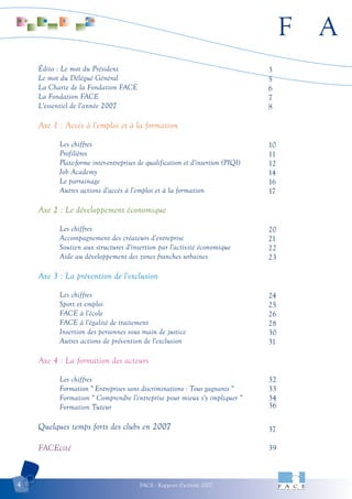 F A
FACE - Rapport d'activité 20074
Édito : Le mot du Président
Le mot du Délégué Général
La Charte de la Fondation FACE
La Fondation FACE
L'essentiel de l'année 2007
Axe 1 : Accès à l'emploi et à la formation
Les chiffres
Profilières
Plate-forme inter-entreprises de qualification et d'insertion (PIQI)
Job Academy
Le parrainage
Autres actions d'accès à l'emploi et à la formation
Axe 2 : Le développement économique
Les chiffres
Accompagnement des créateurs d'entreprise
Soutien aux structures d'insertion par l'activité économique
Aide au développement des zones franches urbaines
Axe 3 : La prévention de l'exclusion
Les chiffres
Sport et emploi
FACE à l'école
FACE à l'égalité de traitement
Insertion des personnes sous main de justice
Autres actions de prévention de l'exclusion
Axe 4 : La formation des acteurs
Les chiffres
Formation " Entreprises sans discriminations : Tous gagnants "
Formation " Comprendre l'entreprise pour mieux s'y impliquer "
Formation Tuteur
Quelques temps forts des clubs en 2007
FACEcité
3
5
6
7
8
10
11
12
14
16
17
20
21
22
23
24
25
26
28
30
31
32
33
34
36
37
39
 