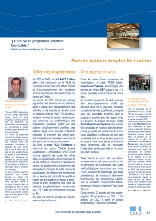 15
"En mars 2008, j’étais gardien
de nuit à temps partiel faute
d’avoir trouvé un poste
d’ingénieur chimiste après 6
ans de recherches. La
situation était très compliquée.
Je commençais à perdre
confiance et je ne savais plus
à qui m’adresser.
J'ai trouvé ce programme
vraiment formidable puisque
pour la première fois, je me
suis retrouvé avec des
personnes dynamiques et
positives qui m'ont surtout
aidé à faire le point et qui ont
osé me dire qu’il était temps
de penser à une orientation.
Grâce au parrainage en
parallèle du DRH de l’usine
Garnier-Gemey-Maybeline,
j'ai pu intégrer un Master en
alternance dans le domaine
du packaging.
Je suis en contrat jusqu'à fin
septembre chez L'Oréal.
Ensuite, en fonction des
besoins dans le Groupe, je
serai peut-être amené à
continuer l'aventure dans le
packaging ou dans un autre
domaine, car il ne faut se
fermer aucune porte. C'est ce
que j'ai compris grâce à "Mes
talents et vous" ".
Pour le lancement de la
production de la C5, l’usine
PSA de La Janais a recruté
plus de 1 000 intérimaires sur
le premier semestre 2008.
Cette période a été l'occasion
pour le club FACE Rennes de
faire fonctionner à plein
régime le dispositif Interface
en collaboration avec l'agence
Manpower Industrie située
dans un quartier de la
politique de la ville. Un
collaborateur du club FACE
Rennes a pu, dans le cadre
de sa mission INTERFACE en
partenariat étroit avec les
associations de quartier,
accueillir des jeunes résidents
de ce territoire, et à les
déléguer en mission. Un peu
plus d'une centaine d'entre
eux ont travaillé en moyenne
6 mois à l'usine de La Janais
en 2008. Les performances
au travail de ces intérimaires
" INTERFACE – ZUS " ont été
remarquablement égales à
celles de tous les autres,
preuve qu’ils n’aspirent qu'à
travailler et s'intégrer durable-
ment sur le marché du travail.
Cellule emploi qualification
En 2005 et 2006, le club FACE Thiéra-
che a été missionné par le PLIE de
Fourmies-Trélon pour une action d’audit
et d’accompagnement des mutations
socio-économiques des entreprises du
canton de Trélon.
Un panel de 100 entreprises laissait
apparaître des besoins en recrutement,
dans le cadre d’un développement des
activités ou de départs en retraite, dans
un contexte rural de PME-TPE peu struc-
turées en termes de gestion des ressour-
ces humaines. La problématique des
ressources humaines portait sur des
salariés insuffisamment qualifiés, des
salariés âgés pour lesquels il faudrait
organiser le transfert des savoir-faire,
des compétences nouvelles à recruter et
des plans de formation à formaliser.
En 2008, le club FACE Thiérache a
réamorcé son action "Cellule Emploi
Qualification – Anticipation GPEC" avec
comme objectifs de capter les offres
et/ou les opportunités de recrutement et
de les mettre en commun à l’échelle du
canton, de positionner prioritairement les
demandeurs d’emploi de faible niveau de
qualification, de fidéliser les entreprises
par un service de proximité de qualité et
réactif, de développer le réseau d’entre-
prises et enfin d’apporter une offre de
services supplémentaires, notamment
aux TPE : aide au recrutement, conseils
en RH.
Au total, ce sont 82 projets de recrute-
ment qui ont vu le jour.
Mes talents et vous
Dans le cadre d’une convention de
revitalisation, le club FACE Saint-
Quentin-en-Yvelines accompagne des
jeunes de niveau BEP jusqu’à bac + 2
(voire au-delà) vers l’emploi et la forma-
tion.
En fonction des profils, le club organise
des accompagnements ciblés qui
passent pour 60 % par une formation
complémentaire et qualifiante, y compris
pour les candidats diplômés dont le
bagage a souvent peu de rapport avec
les besoins du bassin d’emploi. FACE
Saint-Quentin-en-Yvelines met ensuite
les candidats en relation avec les entre-
prises, procède à la recherche de forma-
tions adaptées et effectue un suivi des
candidats tout au long de leur parcours
et jusqu’à trois mois après l’embauche
dans l’entreprise afin de consolider
l’intégration professionnelle et le main-
tien dans l'emploi.
"Mes talents et vous" est une action
transversale au sein de l’activité du club
et bénéficie de l’ensemble des outils
méthodologiques communs aux clubs
FACE, à savoir : le parrainage (voir page
précédente), la simulation d’entretien
d’embauche, les informations collecti-
ves, la formation "Comprendre l’entre-
prise pour mieux s’y impliquer" (voir page
36), etc.
Cette année, 73 jeunes ont été accom-
pagnés. 39 ont obtenu un CDI, 11 ont
obtenu un CDD, 4 sont en contrat
d’alternance, 19 sont en formation.
INTERFACE et les
recrutements de PSA
La Janais à Rennes
Wahib Hamchaoui
Bénéficiaire de "Mes talents
et vous"
Autres actions emploi formation
"J'ai trouvé ce programme vraiment
formidable."
Wahib Hamchaoui, bénéficiaire de "Mes talents et vous"
(voir l'ensemble des résultats page suivante)
 