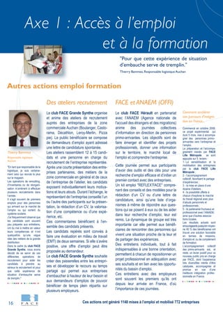 16
Axe 1 : Accès à l’emploi
et à la formation
"En tant que responsable de la
logistique, je suis certaine-
ment celui qui recrute le plus
sur le magasin.
Les opérations de remodling,
d’inventaires ou de réorgani-
sation m’amènent à effectuer
plusieurs recrutements dans
l’année.
Il s’agit souvent de premiers
emplois pour des personnes
qui arrivent sur le marché de
l’emploi ou qui sortent du
système scolaire.
J’ai fréquemment observé que
les candidats sont souvent
peu préparés aux entretiens,
ont du mal à mettre en valeur
leurs compétences et n’ont
quelquefois qu’une vague
idée des métiers de la grande
distribution.
Dans le cadre du club FACE
Grande Synthe, nous avons
décidé de se servir de ces
différentes opérations de
recrutement pour aider les
candidats à prendre au
sérieux le recrutement et pour
que cette expérience de
situation d’embauche serve
de tremplin."
Thierry Bammez
Responsable logistique
Auchan
Commencé en octobre 2008,
ce projet expérimental qui
dure 5 mois, vise à accompa-
gner des personnes primo-
arrivantes vers l’entreprise et
l’emploi.
La préparation et l’accompa-
gnement menés par FACE
Lille Métropole se sont
appuyés sur 5 leviers :
1 - La sensibilisation et la
mobilisation des entreprises
par le club FACE Lille
Métropole ;
2 - l’accompagnement
collectif, favorisant le partage
d’expériences ;
3 - la mise en place d’une
dizaine d'ateliers ;
4 - la possibilité offerte à
chacun d’explorer le marché
du travail régional avec plus
d’atouts personnels et
professionnels ;
5 - le partenariat fructueux et
professionnel avec l’ANAEM,
ainsi que d’autres associa-
tions locales.
Les résultats actuels sont
encourageantspuisqu'enmoyen-
ne 40 % des bénéficiaires ont
trouvé une solution favorable
en termes de missions,
d’emploi et ou de complément
de formation.
L’accompagnement collectif
des primo-arrivants est, et
reste, un levier positif pour ce
nouveau public pris en charge
par FACE, dont l’expérience
très diversifiée mérite d’être
catalysée, accompagnée et
promue en vue d’une
meilleure intégration profes-
sionnelle en France.
Comment accélérer
son parcours d'intégra-
tion en France...
Des ateliers recrutement
Le club FACE Grande Synthe organise
et anime des ateliers de recrutement
auprès des entreprises de la zone
commerciale Auchan (Boulanger, Casto-
rama, Décathlon, Leroy-Merlin, Pizza
pie). Le public bénéficiaire se compose
de demandeurs d’emploi ayant adressé
une lettre de candidature spontanée.
Les ateliers rassemblent 12 à 15 candi-
dats et une personne en charge du
recrutement de l’entreprise représentée.
Après une courte présentation des entre-
prises partenaires, des métiers de la
zone commerciale en général et de ceux
de l’entreprise de l’atelier, les candidats
exposent individuellement leurs motiva-
tions et leurs atouts. Durant l’échange, le
représentant de l’entreprise conseille l’un
ou l’autre des participants sur la présen-
tation, la rédaction d’un CV, la valorisa-
tion d’une compétence ou d’une expé-
rience, etc.
Ces commentaires bénéficient à l’en-
semble des candidats présents.
Les candidats repérés sont conviés à
faire une évaluation en milieu de travail
(EMT) de deux semaines. Si elle s’avère
positive, une offre d’emploi peut être
proposée au demandeur.
Le club FACE Grande Synthe souhaite
créer des passerelles entre les entrepri-
ses et développer le recours au temps
partagé qui permet aux entreprises
d’embaucher à hauteur de leur besoin et
aux demandeurs d’emplois de pouvoir
bénéficier de temps plein répartis sur
plusieurs employeurs.
FACE et ANAEM (OFFI)
Le club FACE Hérault en partenariat
avec l’ANAEM (Agence nationale de
l'accueil des étrangers et des migrations)
anime des journées collectives
d’information en direction de personnes
primo-arrivantes. Les objectifs sont de
faire émerger et identifier des projets
professionnels, donner une information
sur le territoire, le marché local de
l’emploi et comprendre l’entreprise.
Cette journée permet aux participants
d’avoir des outils et des clés pour une
recherche d’emploi efficace et d’initier un
premier contact avec des entreprises.
Un kit emploi "REFLEX’FACE" compre-
nant des conseils et des modèles pour la
rédaction d’un CV ou d’une lettre de
candidature, ainsi qu’une liste d’orga-
nismes à même de répondre aux ques-
tions qui se posent à eux ou de les aider
dans leur recherche d’emploi, leur est
remis. La dynamique de groupe est très
importante car elle permet aux bénéfi-
ciaires de rencontrer des personnes qui
vivent une situation proche de la leur et
de partager des expériences.
Des entretiens individuels, tout à fait
indispensables à une bonne orientation,
permettent à chacun de repositionner un
projet professionnel en adéquation avec
ses souhaits et en lien avec les opportu-
nités du bassin d’emploi.
Ces entretiens avec des employeurs
sont souvent les premiers qu’ils ont
depuis leur arrivée en France, d’où
l’importance de ces journées.
Autres actions emploi formation
"Pour que cette expérience de situation
d’embauche serve de tremplin."
Thierry Bammez, Responsable logistique Auchan
Ces actions ont généré 1148 mises à l’emploi et mobilisé 772 entreprises
 