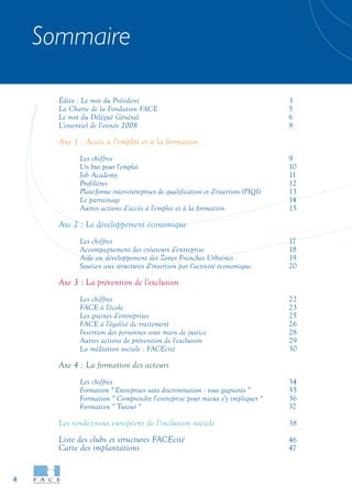 4
Sommaire
Édito : Le mot du Président
La Charte de la Fondation FACE
Le mot du Délégué Général
L'essentiel de l'année 2008
Axe 1 : Accès à l'emploi et à la formation
Les chiffres
Un but pour l'emploi
Job Academy
Profilières
Plate-forme inter-entreprises de qualification et d'insertion (PIQI)
Le parrainage
Autres actions d'accès à l'emploi et à la formation
Axe 2 : Le développement économique
Les chiffres
Accompagnement des créateurs d'entreprise
Aide au développement des Zones Franches Urbaines
Soutien aux structures d'insertion par l'activité économique
Axe 3 : La prévention de l'exclusion
Les chiffres
FACE à l'école
Les graines d'entreprises
FACE à l'égalité de traitement
Insertion des personnes sous main de justice
Autres actions de prévention de l'exclusion
La médiation sociale : FACEcité
Axe 4 : La formation des acteurs
Les chiffres
Formation " Entreprises sans discrimination : tous gagnants "
Formation " Comprendre l'entreprise pour mieux s'y impliquer "
Formation " Tuteur "
Les rendez-vous européens de l'inclusion sociale
Liste des clubs et structures FACEcité
Carte des implantations
3
5
6
8
9
10
11
12
13
14
15
17
18
19
20
22
23
25
26
28
29
30
34
35
36
37
38
46
47
 