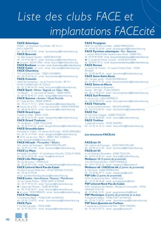 46
Liste des clubs FACE et
implantations FACEcité
FACE Atlantique
ENEID - 25, boulevard Guy Mollet - BP 31115 -
44311 NANTES
tél. : 02 40 16 10 83 - email : face.atlantique@fondationface.org
FACE Beauvais
12, allée Gustave Flaubert - 60000 BEAUVAIS
tél. : 03 44 02 88 37 - email : face.beauvais@fondationface.org
en cours : 60250 CREIL - email : face.creil@fondationface.org
FACE Bordeaux : en cours - email : face.bordeaux@fondationface.org
FACE Calais : en cours - email : face.calais@fondationface.org
FACE Chambéry
210, rue François Guise - 73000 CHAMBERY
tél. : 04 79 69 06 22 - email : face.chambery@fondationface.org
FACE Cotentin
Hôtel des entreprises - rue de Franche Comté - BP 311
50100 CHERBOURG OCTEVILLE
tél. : 02 33 88 46 78 - email : face.cotentin@fondationface.org
FACE Gard - Nîmes / Bagnols sur Cèze / Alès
“Le Neuilly” - 11, rue court de Gébelin – 30000 NIMES
tél : 06 79 38 40 23 - email : face.gard@fondationface.org
FACE Somme - Amiens / Haute Picardie
57, route de Paris - 80000 AMIENS
tél. : 03 22 71 51 51 - email : face.amiens@fondationface.org
Locaux de la CCI - 7, rue des Chanoines - 80200 PERONNE
tél. : 06 65 66 28 15 - email : face.amiens@fondationface.org
FACE Grand Lyon
4, place Le Viste - 69002 LYON
tél. : 04 37 42 01 45 - email : face.grandlyon@fondationface.org
FACE Grand Toulouse
19, rue Bayard - 31000 TOULOUSE
tél. : 05 34 42 07 22 - email : face.grandtoulouse@fondationface.org
FACE Grenoble-Isère
Immeuble le Trident - 34, avenue de l’Europe - 38100 GRENOBLE
tél. : 04 76 14 74 04 - email : face.grenoble@fondationface.org
10 D, rue du Lans - Bât. E - 38080 L’ISLE D’ABEAU -
email : face.grenoble@fondationface.org
FACE Hérault - Montpellier / Béziers
261, chemin de Poutingon - 34070 MONTPELLIER
tél. : 04 99 23 17 69 - email : face.herault@fondationface.org
FACE Le Mans
Immeuble "Le Laffitte" - 67, bd Winston Churchill- 72100 LE MANS
tél. : 02 53 04 01 09 - email : face@ville-lemans.fr
FACE Lille Métropole
20, rue de tournai - 59000 LILLE
tél. : 03 20 50 52 84 - email : face.lillemetropole@fondationface.org
FACE Littoral Nord Pas-de-Calais
18, place François Mitterrand - 59760 GRANDE SYNTHE
tél. : 03 28 24 99 00
email : face.littoralnordpasdecalais@fondationface.org
FACE Loire - Saint-Etienne / Roanne / Montbrison
10, rue Calixte Plotton - 42000 SAINT-ETIENNE
tél. : 04 77 49 01 03 - email : face.loire@fondationface.org
7, place des Minimes - 42300 ROANNE
tél. : 04 77 69 58 97 - email : face.loire@fondationface.org
en cours : MONTBRISON - email : face.loire@fondationface.org
FACE Martinique
4, boulevard Allègre - 97200 FORT de FRANCE
tél. : 05 96 72 00 03 - email : face.martinique@fondationface.org
FACE Paris
9 rue des Cascades - 75020 PARIS
tél. : 01 47 70 35 01 - email : face.paris@fondationface.org
FACE Perpignan
MDE 12, rue Pierre Cartelet - 66000 PERPIGNAN
tél. : 04 68 35 20 00 - email : face.perpignan@fondationface.org
FACE Pyrénées atlantiques - Pau / Bayonne
1, avenue Alfred Nobel résidence Jean Duval - 64000 PAU
tél. : 05 59 40 58 09 - email : face.pyreneesatlantiques@fondationface.org
11, boulevard Alsace Lorraine - 64100 BAYONNE
tél. : 05 59 42 33 12 - email : face.pyreneesatlantiques@fondationface.org
FACE Rennes
La maison de l’emploi - 15, square Charles Dullin - 35200
RENNES
tél. : 02 99 86 89 26 - email : face.rennes@fondationface.org
FACE Seine-Saint-Denis
192, rue Jean Jaurès - 93230 ROMAINVILLE
tél. : 01 48 57 75 70 - email : face.seinesaintdenis@fondationface.org
FACE Seine-et-Marne
Centre commercial Boissénart
Auchan - RD 306 - 77240 CESSON
tél. : 06 13 18 05 53 - email : face.seineetmarne@fondationface.org
FACE Sud Provence
9, rue du Laos -13015 MARSEILLE
tél. : 04 91 69 54 25 - email : face.sudprovence@fondationface.org
FACE Thiérache
7, rue du conditionnement - 59610 FOURMIES
tél. : 03 27 64 82 81 - email : face.thierache@fondationface.org
FACE Var
25, rue Victor Clappier - 83000 TOULON
tél. : 04 94 36 00 85 - email : face.var@fondationface.org
FACE Yvelines
3, place de la mairie - 78190 TRAPPES
tél. : 01 30 16 16 13 - email : face.yvelines@fondationface.org
Les structures FACEcité
FACEcité 34
261, chemin de Poutingon - 34070 MONTPELLIER
tél. : 04 99 23 17 69 - email : face.herault@fondationface.org
FACEcité 83
6, rue Ferdinand Brunetière - 83000 TOULON
tél. : 04 94 24 95 53 - email : face.var@fondationface.org
Médiance 13 (5 points de proximité)
3 bis, bld Fonscolombes -13003 MARSEILLE
tél. : 04 91 95 66 26 - email : mediance13@wanadoo.fr
Médiance 66 / FACEcité 66 (2 points de proximité)
6, rue Llucia - 66000 PERPIGNAN
tél. : 04 68 86 44 17 - email : mediance66@voila.fr
PSP Lille (3 points de proximité)
24/24, boulevard de Metz - 59000 LILLE
tél. : 03 20 38 24 68 - email : g.trouille.psplm@free.fr
PSP Littoral Nord Pas-de-Calais
10/41, boulevard des flandres - Résidence Cornouailles - 59760
GRANDE SYNTHE
tél : 03 28 60 16 90 - email : psp.grande.synthe@free.fr
PSP Martinique (2 points de proximité et un bus)
4, boulevard Allègre - 97200 FORT de FRANCE
tél. : 05 96 72 00 03 - email : face.martinique@fondationface.org
PSP Saint-Quentin-en-Yvelines
4, square de la commune de Paris - 78190 TRAPPES
tél. : 01 30 51 87 27 - email : pspsqy@wanadoo.fr
 