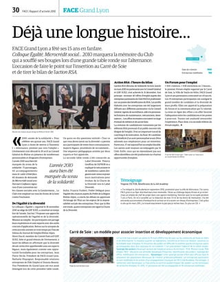 30  FACE | Rapport d’activité 2010	 FACE Grand Lyon
Déjà une longue histoire…
FACE Grand Lyon a fêté ses 15 ans en fanfare.
Colloque Égalité, Microcrédit social… 2010 marquera la mémoire du Club
qui a soufflé ses bougies lors d'une grande table ronde sur l'alternance.
L'occasion de faire le point sur l'insertion au Carré de Soie
et de tirer le bilan de l'action RSA.
«2010, année de la solidarité ». Pour
célébrer ses quinze ans, FACE Grand
Lyon a choisi de mettre à l'honneur
l’ « Alternance, premier pas vers l'emploi ».
L'évènement s'est déroulé le 29 avril au Conseil
Général du Rhône en présence de nombreuses
personnalités et dirigeants d'entreprises.
L'année 2010 aura bien été
marquée du sceau de la
solidarité : 71 parrainages,
50 accompagnements
dans le cadre d'Interface,
40 dossiers de demande
de Microcrédit social avec
Parcours Confiance, signa-
ture d'une convention sur
les clauses sociales avec la Gendarmerie… Le
Club s'est employé sur tous les fronts de la lutte
contre l'exclusion.
De l'égalité à la diversité
Le colloque « Égalité », organisé le 18 novembre
2010 au siège de GDF SUEZ, a constitué un temps
fort de l'année. Son but ? Proposer une approche
opérationnelle de l'égalité et de la diversité.
Mission accomplie : les participants ont partagé
leurs expériences et sont repartis avec des outils
concrets d'application. Retour sur le synopsis de
cette journée animée en trois temps par Pascale
Solona du Journal de l'emploi Rhône-Alpes.
Henri Ducré, membre du Comité Exécutif GDF
SUEZ, hôte et grand témoin de l'évènement, a
lancé les débats en affirmant que la diversité
devait certes être appréhendée sous ses aspects
légaux, mais également comme une oppor-
tunité formidable pour les entreprises. Jean
Pierre Vécile, Président de FACE Grand Lyon,
Nathalie Péquignot, Responsable relations
entreprises de Pôle Emploi et Dounia Besson,
Vice Présidente du Grand Lyon ont eux aussi
témoigné lors de cette première table ronde.
Un quizz en dix questions intitulé « Tout ce
que vous devez savoir sur la diversité » a permis
aux participants de tester leurs connaissances.
Aspects légaux, procédures de recrutement...
Une séquence pédagogique animée par deux
experts et fort appréciée.
La seconde table ronde a été consacrée au
Label Diversité. Thierry
Geoffroy de l'AFNOR en a
expliqué le mécanisme et
de nombreux cadres diri-
geants sont venus exposer
leurs motivations pour
évoluer de la Charte de
la Diversité vers le Label
Diversité.
Enfin, Francis Vuibert, Préfet Délégué pour
l’égalité des chances auprès du Préfet de la Région
Rhône-Alpes, a conclu les débats en apportant
l'éclairage de l'État sur les enjeux de la respon-
sabilité sociale des entreprises. Pour que la fête
soit totale, quatre entreprises ont signé la Charte
de la Diversité.
Action RSA : l'heure du bilan
L’action RSA (Revenu de Solidarité Active), lancée
enmars2010enpartenariatavecleConseilGénéral
et GDF SUEZ, s'est achevée le 31 décembre. Son
principe : recenser 40 offres d’emploi auprès des
entreprisespartenairesduClubFACEetpositionner
surcespostesdesbénéficiairesduRSA.Lesprofils
élaborés avec les entreprises ont été largement
diffusés aux différents partenaires via le Conseil
Général.Agentsdesurveillance,aideàlapersonne,
techniciens de maintenance, mécaniciens, dessi-
nateurs…Lesoffresrecenséescouvraientunlarge
éventail demétiers et desavoir-faire.
La centaine de candidatures transmises par les
référents RSA provenait d’un public souvent très
éloigné de l'emploi. D’où un important travail de
coaching et de motivation. Au final, 40 candidats
ont bénéficié d'un suivi personnalisé avant d'être
adressés aux employeurs pour un entretien.
Parmi eux, 17 ont aujourd'hui un emploi durable.
Les autres sont toujours accompagnés par le
Club. Enfin, ceux qui ne répondaient pas aux
offres identifiées ont été positionnés sur d'autres
opportunités d’emplois.
Un Forum pour l'emploi
1 500 visiteurs, 1 108 entretiens en 3 heures…
le premier Forum emploi organisé par le Carré
de Soie, la Ville de Vaulx-en-Velin, FACE Grand
Lyon et ses partenaires a rencontré un vif succès.
Les 19 entreprises participantes ont souligné le
grand nombre de candidats et la diversité de
leurs profils. Elles ont apprécié la préparation
du forum et la communication qui l'a valorisé.
La mise en ligne des offres a en effet favorisé
l'adéquation entre les candidatures et les postes
à pourvoir. Toutes ont souhaité renouveler
l'expérience. Place donc à la seconde édition du
Forum emploi… 
L'année 2010
aura bien été
marquée du sceau
de la solidarité. Témoignage
Virginie VICTOR, Bénéficiaire de la Job Academy
« J'ai intégré la Job Academy en septembre 2010, promotion pour la ville de Vénissieux. J'ai connu
FACE grâce à un flyer distribué dans mon immeuble. J'étais au chômage depuis 8 mois et je recher-
chais un emploi de chef de projet dans une agence marketing, fonction que j'ai occupée pendant
3 ans à Paris. On m'a conseillé sur la rédaction de mon CV et de ma lettre de motivation. J'ai été
entrainée aux entretiens d'embauche et surtout on m'a ouvert un réseau d'entreprises. C'est grâce
à cela qu'en mars 2011, j'ai trouvé exactement le job que je recherchais. En plus en CDI. »
Carré de Soie : un modèle pour associer insertion et développement économique
Le Carré de Soie a ouvert ses portes le 30 mars 2009 à l'est de Lyon, sur les communes de Vaulx-en-Velin
et de Villeurbanne. Ce nouveau quartier où habitations, commerces et loisirs se côtoient, constitue un
formidable vivier d'emplois. Et d'insertion des publics en difficulté. A condition que les entreprises soient
accompagnées dans leur politique de recrutement. C'est précisément l'objectif de la cellule emploi.
Synergie des acteurs | Associant services de l'emploi et acteurs du territoire – PLIE, Mission Locale, Pôle
Emploi, FACE – elle porte une véritable dynamique d'insertion. Identification des publics, repérage des
offres, mobilisation des entreprises… Dynamique | Cette synergie permet d'être plus efficace dans le
placement des populations désireuses de s'insérer professionnellement. Les entreprises partenaires
se sont mobilisées et les actions d'accompagnement classiques de FACE (Job Academy, Parrainages…)
renforcent cette dynamique. Le Club anime en outre en qualité d'expert des ateliers sur les techniques
de recherche d'emploi. En 2010, 57 personnes ont été accompagnées et 30 entreprises mobilisées.
Grand Lyon
Date de création 1995
Entreprises mobilisées 100
Projet du Carré de Soie à Lyon.
Réunion des réseaux de parrainage du Rhône en février 2010.
15 ans de FACE Grand Lyon – Table ronde sur l’alternance
au Conseil Général du Rhône
DR
DR
DR
 