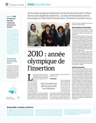32  FACE | Rapport d’activité 2010	 FACE Grenoble-Isère
20 nouvelles entreprises adhérentes, 41 Chartes de la Diversité, 15 Plans
d'action pour l'égalité de traitement... La culture de l'olympisme porte la
dynamique du Club FACE Grenoble-Isère. Et booste ses actions. Focus.
2010 : année
olympique de
l’insertion
L
e Club FACE Grenoble-Isère s’est
engagé depuis 2000, aux côtés des
entreprises et des pouvoirs publics,
en faveur de l’égalité de traite-
ment et
de la non discrimi-
nation. Au quotidien,
ses actions de média-
tion sociale facilitent
l'accès aux services
aux publics en diffi-
cultés (Microcrédit
Social Personnel avec
la Caisse d'Épargne…). Le Club accompagne
également l'insertion professionnelle des popu-
lations éloignées de l'emploi : Job Academy, Un
but pour l'emploi… A l'école, dans l'entreprise,
dans les ZFU, il favorise le rapprochement entre
les publics souffrant de discrimination et le
monde du travail.
J'ai dix ans…
C'est en musique que
FACE Grenoble-Isère
a fêté ses dix ans. En
avril, le Club a réuni
une centaine de per-
sonnes autour de
ses présidents suc-
cessifs. L'évènement
s'est déroulé dans
une entreprise d'insertion de restauration qui
emploie des personnes handicapées. Philippe
Fournier, chantre de la communication par
l'art, a animé une « conférence musicale » sur
la capacité d'apprentissage. La prestation du
chef de l'Orchestre symphonique lyonnais a
fortement marqué les esprits.
Des passerelles vers l'entreprise
Elèves en difficultés, salariés des structures
d'insertion, demandeurs d'emploi… A tous
ces publics des quartiers défavorisés FACE
Grenoble-Isère offre des passerelles vers
l'entreprise.
École tout d'abord. L'objectif ? Faire découvrir
des métiers et le monde du travail à des élèves
de 3ème
et de seconde professionnelles. Visites
d'entreprises, recherche de stages… 14 entreprises
se sont impliquées aux côtés de 140 jeunes. Autre
initiative en direction d'élèves et d’apprentis :
une formation à l'éducation budgétaire, ouverte
également aux demandeurs d'emploi en difficulté
d'insertion professionnelle. 106 personnes en ont
bénéficié en 2010. Une méthode originale pour
prévenir le surendettement.
Parrainage ensuite : en 2010, 26 demandeurs
d'emploi ont été accompagnés pendant 6 mois
par des chefs ou cadres d'entreprises du réseau
FACE. Un parcours enrichi par des ateliers col-
lectifs sur les TRE, des simulations d'entretien…
Plus des deux tiers des filleuls ont ainsi accédé
à l'emploi. En tissant un lien entre les structures
d'insertion et ses entreprises partenaires, le Club
favorise enfin la transition de leurs salariés vers
une entreprise « classique ».
Du RSA à l'entreprise
FACE Grenoble-Isère a accompagné 25 alloca-
taires du revenu de solidarité active. Stages,
enquêtes professionnelles, simulations d'entre-
tien… Le Club a mobilisé 87 entreprises pour les
orienter individuellement et collectivement vers
l'emploi. Les Évaluations en Milieu de Travail
ont constitué la clé de voûte du dispositif. Stages
d’immersion en entreprise d'une durée de 70 h,
les EMT répondent à des objectifs multiples :
valider ses compétences, s’intégrer à une équipe,
retrouver un rythme de travail. 17 EMT ont été
menées à bien en 2010. Autre pilier de l'action
RSA : les mises en relation. Le bénéficiaire fait
évaluer son projet de retour à l’emploi par un
professionnel du secteur d’activité ciblé. C’est
l'opportunité pour lui d'élargir son réseau, de
mieux connaître les exigences du marché et
de s'entrainer aux entretiens d’embauche. Le
Club en a organisé six en 2010. Une action « tout
bénéfice » pour un public souvent frappé par des
problèmes de handicap et de mobilité, parfois
d'illettrisme. 
Focus | FACE
à l'avenir et
Post Bac :
l’ascenseur
social est en
marche
Permettre à des bacheliers
ou des étudiants en BTS, tous
issus de quartiers priori-
taires, d’accéder à une école
de commerce. Partenariat |
C'est le sens du partenariat
entre FACE, l'ESC Grenoble
École de Management et la
Caisse d’Épargne Rhône Alpes.
Présentation aux concours,
accès à des stages... Les entre-
prises du Club encadrent les
jeunes. Ils bénéficient éga-
lement d'heures de soutien,
voire pour certains du finan-
cement d'une année d'étude
par la Caisse d'Epargne. Dans
le cadre de ces deux dispo-
sitifs, 18 jeunes ont intégré
en 2010 une école du réseau
« Passerelles » ESC.
Témoignage
Atika Abbou, Jobbeuse
2010 résidant au village
olympique
« Je cherchais un patron pour
suivre un BTS en alternance.
La Mission Locale m'a orien-
tée vers FACE. J'ai intégré la
Job Academy en octobre. J'ai
eu plein de contacts et ça m'a
permis de trouver directement
du travail. 2 mi-temps : un CDD
d'un an d'assistante de gestion
chez Alyl Sécurité et un CDI
d'assistante polyvalente. »
Quinqu’elles : l’emploi au féminin
Cette action originale s'adresse à des femmes âgées de 45 ans et
plus. Valorisées | Menée en partenariat avec le CIDF, elle permet
aux bénéficiaires de valoriser leur expérience et de « vendre » leurs
compétences. L’œuvre d'une vie en quelque sorte pour des femmes
souvent sans diplômes. Formées | Issues de l'immigration, parfois
proches de l'illettrisme, toutes ont été victimes d'un accident de vie :
veuvage, faillite de leur mari artisan... Difficile de se reconstruire
professionnellement. FACE Grenoble-Isère a organisé pour elles,
deux sessions d'insertion en 2010, qui ont réunit 25 personnes au
total. Parrainage individuel, formation Mieux maîtriser son argent,
immersion en entreprise... Un parcours intensif de quatre mois leur a
redonné confiance, leur a permis de s'évaluer, de mettre en adéquation
leurs capacités et leur projet professionnel. Un CV « solidaire », basé
sur l'histoire d'une vie, a été spécialement élaboré à leur intention.
FACE finance également l'acquisition d'ouvrages ou de vêtements
professionnels. Recrutées | A la sortie, 60% Quinqu'elles ont trouvé
un emploi durable. Une vraie réussite.
L’équipe de la Job Academy de Grenoble-Isère.
Grenoble
Isère
Date de création 1999
Entreprises mobilisées 71
FACE Grenoble-Isère
offre des passerelles
vers l'entreprise.
DR
 
