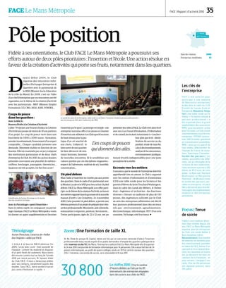FACE Le Mans Métropole FACE | Rapport d’activité 2010  35
Pôle position
Fidèle à ses orientations, le Club FACE Le Mans Métropole a poursuivi ses
efforts autour de deux pôles prioritaires : l’insertion et l’école. Une action résolue en
faveur de la création d’activités qui porte ses fruits, notamment dans les quartiers.
D
epuis début 2004, le Club
organise des rencontres infor-
melles d’échanges Entreprises 
Quartiers avec le partenariat de
la MSE (Mission Socio-Educative
de la ville du Mans). En 2009, c’est sur l’idée
d’un chef d’entreprise que ces rencontres ont été
organisées sur le thème de la création d’activité
avec les partenariats : MEF (Maison Emploi
Formation), CCI, CMA, RILE, ADIE, FONDES…
Coups de pouce
dans les quartiers :
Avec la BACA :
Bourse d’Aide à la Création d’Activité
L’idée ? Proposer une bourse d’Aide à la Création
d’Activité aux jeunes de moins de 30 ans porteurs
d’un projet. Le coup de pouce varie dans une
fourchette de 1 000 à 3 000 euros : formation,
premierinvestissement,financementd’unexpert
comptable… Chaque candidat présente une
demande, librement établie en fonction de ses
besoins. Elle est examinée par un jury composé
des institutions partenaires et de deux chefs
d’entreprise du Club. En 2010, les quinze dossiers
présentés couvraient une pluralité de métiers :
coiffeur, boulanger, paysagiste, thermicien…
Quatorze ont été acceptés. Un fort bon score !
Avec le Parrainage « sport/Insertion »
Dans le même esprit, en conjuguant un parrai-
nage classique, FACE Le Mans Métropole a voulu
lui donner un appui supplémentaire et favoriser
l’insertionparlesport.Leprincipeestsimple:une
entreprise marraine offre à un jeune en chantier
d’insertionuneadhésionàunClubsportifreconnu
de haut niveau pour la pra-
tique d’un art martial de
son choix. L’objectif : le
faire sortir de son quartier,
lui faire découvrir de nou-
veaux horizons, favoriser
de nouvelles rencontres. Et le sensibiliser aux
valeurs portées par ces disciplines exigeantes :
respect de l’adversaire, maîtrise de soi, humilité,
concentration…
Un pied dehors
Mais l’aide à l’insertion ne s’arrête pas aux portes
des quartiers. Dans le cadre d’un partenariat avec
laMissionLocaleetleSPIPpourleuractionUnpied
dehors, FACE Le Mans Métropole a en effet parti-
cipé,surlethèmedelacréationd’activité,auforum
desmétiersorganisédanslegymnasedelanouvelle
maison d’arrêt « Les Croisettes » le 4 novembre
2010. Cette journée Un pied dehors, a permis aux
détenusporteursd’unprojetdepréparerleurréin-
sertionprofessionnelle.Menuiserie,aideàdomicile,
restauration à emporter, peinture, ferronnerie…
Treize participants, âgés de 22 à 52 ans, ont pu
présenterleuridéeàFACE.LeClubs’estalorslivré
avec eux à un travail d’évaluation, d’information
etdeconseil,lesincitantnotammentà« coucher »
leur plan par écrit : identi-
fication du service ou du
produit, étude de marché,
calculdesinvestissements,
analyse de la concurrence,
environnement juridique.
Autant d’outils indispensables pour une juste
perceptiondela réalité.
En route vers les métiers
Convaincu que le monde de l’entreprise doit être
appréhendé très en amont, le Club a organisé
avec les centres d’information et d’orientation
(CIO) une table ronde pour les lycéens et les
parents d’élèves du lycée Touchard Washington.
Dans le cadre des Lundi des Métiers, le thème
était « Ingénieur et technicien : des fonctions
diverses ». Devant un auditoire de plus de 150
jeunes, des ingénieurs sollicités par le Club
au sein des entreprises adhérentes ont décrit
leur parcours professionnel dans des secteurs
tels que : environnement, agroalimentaire,
électrotechnique, informatique, btp. D’un avis
unanime, l’échange a été fructueux. 
Zoom|Une formation de taille XL
XL Ré, filiale du groupe XL Capital, mène une fois par an une action nationale d’aide à l’insertion
professionnelle et/ou sociale auprès d’un public demandeur d’emploi des quartiers politique de la
ville. Insertion via lesTIC | Au Mans, l’entreprise a sollicité FACE Le Mans Métropole afin d’organiser
le 24 mai 2010 une journée de formation informatique pour 14 personnes. Elle a aussi fait don de 34
postes informatiques, au profit de quatre collèges situés en ZEP et centres sociaux des quartiers
ZUS. L’initiative, couronnée de succès, sera renouvelée le 16 mai 2011.
Le comité de Liaison École Entreprise : table ronde sur le thème « Formation initiale et parcours professionnels »
avec les entreprises FACE dans l'auditorium des MMA.
Les clés de
l’entreprise
FACE a été sollicité pour
participer à une semaine
de Rencontres entreprises/
écoles dans le cadre du CLEE
(Comité de Liaison Ecole et
Entreprise). Rencontre,Temps
fort | Une table ronde sur le
thème « Formation initiale 
parcours professionnel » a
été organisée dans le grand
amphithéâtre des assurances
MMA, gracieusement prêté
pour l’occasion. Le Club a invité
cinq intervenants issus de trois
entreprises – EIFFAGE construc-
tion, GKN Driveline spécialiste
en transmission automobile,
MMA – ainsi qu’un sportif de
haut niveau, sélectionneur de
l’équipe de France de mara-
thon, Dominique Chauvelier.
Variété des parcours | Les
invités, aux profils très diffé-
rents, ont pu témoigner de la
richesse de leur expérience.
Cette rencontre a permis à 200
élèves de BTS issus de trois
lycées – Le Mans sud,Touchard
Washington et Marguerite
Yourcenar – de découvrir toute
la variété des parcours pos-
sibles en entreprise. Un petit
film a été tourné pour être dif-
fusé auprès des établissements
scolaires et des entreprises
partenaires.
Focus | Tenue
de soirée
Fidèle à une tradition désor-
mais bien établie depuis dix
ans, FACE Le Mans Métropole
organise, pour les entreprises
du Club, une soirée dédiée à
leurs nouveaux cadres.
Reconnaissance | Une manière
de remercier ces dernières pour
leur investissement quotidien
en faveur de FACE. Autour d’un
spectacle et d’un cocktail dîna-
toire, les nouveaux arrivants
ont pu découvrir les tours et
contours de la Fondation… et
pour certains, s’engager à ses
côtés. Plus de 150 personnes
ont répondu présent, dont
120 cadres.
30 800
Le chiffre 2010 | C’est le nombre
d’heures dédiées au Club par les 89
intervenants des entreprises engagées
dans des actions aux côtés de FACE.
4 bénéficiaires de l'action Parrainage sur le chantier
avec leur encadrant technique.
Le Mans
Métropole
Date de création 2000
Entreprises mobilisées 61
Témoignage
Aurore Planchais, Créatrice de « Reflet
des Origines » aidée par FACE
« Grâce à la bourse BACA obtenue fin
2009, j’ai pu avec Lucie – mon associée de
l’époque - acheter du matériel et disposer
d’un petit fonds de roulement. Nous avons
été ensuite suivies tout au long de l’année
2010 par notre parrain, M. Sylvain Vidal
du Club FACE. Il nous a beaucoup aidées
avec ses contacts, notamment auprès des
musées. Sans FACE, notre société n’aurait
pas connu d’évolution si rapide.  »
Des coups de pouces
qui donnent des ailes.
DR
DR
 