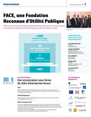 Gouvernance FACE | Rapport d’activité 2010  5
FACE, une Fondation
Reconnue d'Utilité Publique
FACE est créée le 15 octobre 1993 à l’initiative de Martine Aubry avec 15 chefs d’entreprises.
La Fondation est Reconnue d’Utilité Publique par décret du 18 février 1994.
Sur les territoires 
Une structuration sous forme
de clubs d’entreprises locaux
FACE 
FACE est chargée de la politique de développement, de la coordination et du contrôle du réseau des
Clubs FACE. La Fondation veille à la déontologie du réseau, au respect de la Charte, à l’agrément des Clubs,
et à la capitalisation des pratiques.
FACE Développement
FACE Développement est un outil de développement opérationnel qui a principalement pour mission
le développement de nouveaux clubs.
Clubs d’entreprises FACE
Sur la base de l'engagement de dirigeants d'entreprises locaux et dans le cadre d’une contractualisation
avec une collectivité territoriale (Ville, Agglomération, Département, Région…), FACE crée et agrée un Club
d’entreprises local structuré en association territoriale FACE. Chaque club est présidé par un chef d’entreprise
et animé par un directeur et son équipe.
Les Clubs locaux et les entreprises adhérentes sont reliés à FACE par une convention d’agrément
et la signature de la Charte des dirigeants d’entreprises membres de FACE.
Les entreprises
fondatrices
Composition du
bureau du conseil
d'administration
Gérard MESTRALLET
Président
PDG de GDF SUEZ
Antoine GUICHARD
Président d'honneur
Président d'honneur du conseil
d'administration du Groupe Casino
Pierre MONGIN 	
Vice-Président
PDG de la RATP
Philippe AZIZ 	
Trésorier
Directeur des activités sociales
d'AG2R La Mondiale
Jean-Jacques REY 	
Secrétaire
PDG de Rey SA
1
Fondation
(Reconnue d'Utilité Publique)
FACE
4 000
entreprises actives
membres du réseau FACE
33
clubs d'entreprises locaux
(associations)
Conventions d'agrément des clubs
Charte des dirigeants d’entreprises
De gauche à droite, P. Bonnet, P. De Saintignon, G. Mestrallet, P. Nedélec,
M. Aubry et V. Baholet.
DR
 