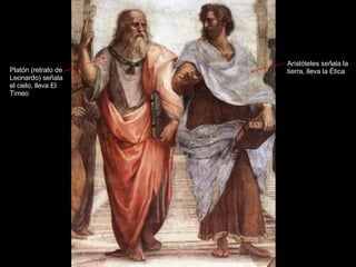 Platón (retrato de Leonardo) señala el cielo, lleva El Timeo Aristóteles señala la tierra, lleva la Ética 