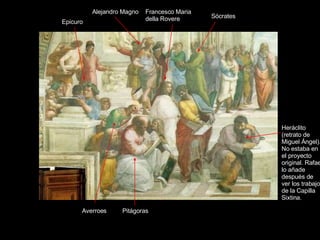 Heráclito (retrato de Miguel Ángel). No estaba en el proyecto original. Rafael lo añade después de ver los trabajos de la Capilla Sixtina. Francesco Maria della Rovere Epicuro Averroes Pitágoras Alejandro Magno Sócrates 