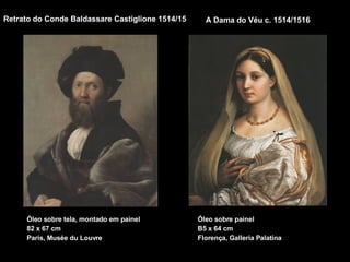 A Dama do Véu c. 1514/1516 Retrato do Conde Baldassare Castiglione 1514/15 Óleo sobre tela, montado em painel 82 x 67 cm Paris, Musée du Louvre Óleo sobre painel B5 x 64 cm Florença, Galleria Palatina 