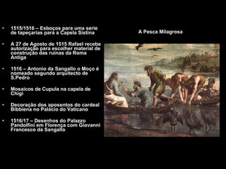 1515/1516 – Esboços para uma serie de tapeçarias para a Capela Sistina A 27 de Agosto de 1515 Rafael recebe autorização para escolher material de construção das ruinas da Roma Antiga 1516 – Antonio da Sangallo o Moço é nomeado segundo arquitecto de S.Pedro Mosaicos de Cupula na capela de Chigi Decoração dos aposentos do cardeal Bibbiena no Palácio do Vaticano 1516/17 – Desenhos do Palazzo Pandolfini em Florença com Giovanni Francesco da Sangallo A Pesca Milagrosa 