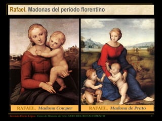 Rafael.  Madonas del periodo florentino Gonzalo Durán López .  Curso de Historia del Arte.  ARTE DEL RENACIMIENTO RAFAEL.   Madona de Prato RAFAEL.   Madona Cowper 