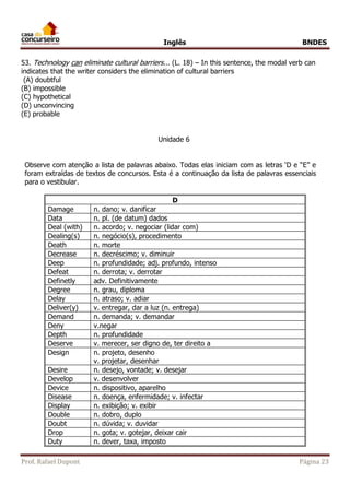 Inglês BNDES 
53. Technology can eliminate cultural barriers... (L. 18) – In this sentence, the modal verb can 
indicates that the writer considers the elimination of cultural barriers 
(A) doubtful 
(B) impossible 
(C) hypothetical 
(D) unconvincing 
(E) probable 
Unidade 6 
Observe com atenção a lista de palavras abaixo. Todas elas iniciam com as letras ‘D e “E” e 
foram extraídas de textos de concursos. Esta é a continuação da lista de palavras essenciais 
para o vestibular. 
D 
Damage n. dano; v. danificar 
Data n. pl. (de datum) dados 
Deal (with) n. acordo; v. negociar (lidar com) 
Dealing(s) n. negócio(s), procedimento 
Death n. morte 
Decrease n. decréscimo; v. diminuir 
Deep n. profundidade; adj. profundo, intenso 
Defeat n. derrota; v. derrotar 
Definetly adv. Definitivamente 
Degree n. grau, diploma 
Delay n. atraso; v. adiar 
Deliver(y) v. entregar, dar a luz (n. entrega) 
Demand n. demanda; v. demandar 
Deny v.negar 
Depth n. profundidade 
Deserve v. merecer, ser digno de, ter direito a 
Design n. projeto, desenho 
v. projetar, desenhar 
Desire n. desejo, vontade; v. desejar 
Develop v. desenvolver 
Device n. dispositivo, aparelho 
Disease n. doença, enfermidade; v. infectar 
Display n. exibição; v. exibir 
Double n. dobro, duplo 
Doubt n. dúvida; v. duvidar 
Drop n. gota; v. gotejar, deixar cair 
Duty n. dever, taxa, imposto 
Prof. Rafael Dupont Página 23 
 