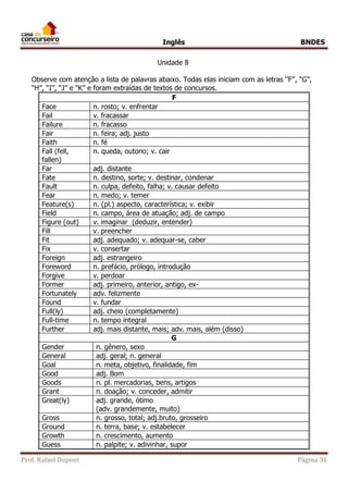 Inglês BNDES 
Unidade 8 
Observe com atenção a lista de palavras abaixo. Todas elas iniciam com as letras ‘’F’’, “G”, 
“H”, “I”, “J” e “K” e foram extraídas de textos de concursos. 
F 
Face n. rosto; v. enfrentar 
Fail v. fracassar 
Failure n. fracasso 
Fair n. feira; adj. justo 
Faith n. fé 
Fall (fell, 
fallen) 
n. queda, outono; v. cair 
Far adj. distante 
Fate n. destino, sorte; v. destinar, condenar 
Fault n. culpa, defeito, falha; v. causar defeito 
Fear n. medo; v. temer 
Feature(s) n. (pl.) aspecto, característica; v. exibir 
Field n. campo, área de atuação; adj. de campo 
Figure (out) v. imaginar (deduzir, entender) 
Fill v. preencher 
Fit adj. adequado; v. adequar-se, caber 
Fix v. consertar 
Foreign adj. estrangeiro 
Foreword n. prefácio, prólogo, introdução 
Forgive v. perdoar 
Former adj. primeiro, anterior, antigo, ex- 
Fortunately adv. felizmente 
Found v. fundar 
Full(ly) adj. cheio (completamente) 
Full-time n. tempo integral 
Further adj. mais distante, mais; adv. mais, além (disso) 
G 
Gender n. gênero, sexo 
General adj. geral; n. general 
Goal n. meta, objetivo, finalidade, fim 
Good adj. Bom 
Goods n. pl. mercadorias, bens, artigos 
Grant n. doação; v. conceder, admitir 
Great(ly) adj. grande, ótimo 
(adv. grandemente, muito) 
Gross n. grosso, total; adj.bruto, grosseiro 
Ground n. terra, base; v. estabelecer 
Growth n. crescimento, aumento 
Guess n. palpite; v. adivinhar, supor 
Prof. Rafael Dupont Página 31 
 