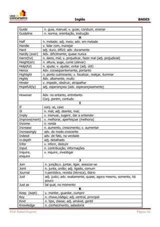 Inglês BNDES 
Guide n. guia, manual; v. guiar, conduzir, ensinar 
Guideline n. norma, orientação, instrução 
H 
Half n. metade; adj. meio; adv. em metade 
Handle v. lidar com, manejar 
Hard adj. duro, difícil; adv. duramente 
Hardly (ever) Adv. dificilmente, quase nunca 
Harm(ful) n. dano, mal; v. prejudicar, fazer mal (adj. prejudicial) 
Height(en) n. altura, auge, cume (elevar) 
Help(ful) n. ajuda; v. ajudar, evitar (adj. útil) 
Hence Adv. conseqüentemente, portanto 
Highlight n. ponto culminante; v. focalizar, realçar, iluminar 
Highly Adv. altamente, muito 
Hinder v. impedir, obstruir, atrapalhar 
Hopefull(ly) adj. esperançoso (adv. esperançosamente) 
However Adv. no entanto, entretanto 
Conj. porém, contudo 
I 
If conj. se, caso 
Ill n. mal; adj. doente, mal; 
Imply v. insinuar, sugerir, dar a entender 
Improve(ment) v. melhorar, aperfeiçoar (melhoria) 
Income n. renda 
Increase n. aumento, crescimento; v. aumentar 
Increasingly adv. de modo crescente 
Indeed adv. de fato, na verdade 
in-depth adj. detalhado 
Infer v. inferir, deduzir 
Input n. contribuição, informações 
Inquire, 
v. inquirir, investigar 
enquire 
J 
Join n. junção;v. juntar, ligar, associar-se 
Joint n. junta, união; adj. ligado, comum 
Journal n.periódico, revista (técnica), diário 
Just adj. justo; adv. exatamente, quase, agora mesmo, somente, há 
pouco 
Just as tal qual, no momento 
K 
Keep (kept) v. manter, guardar, cumprir 
Key n. chave,código; adj. central, principal 
Kind n. tipo, classe; adj. amável, gentil 
Knowledge n. conhecimento, sabedoria 
Prof. Rafael Dupont Página 32 
 