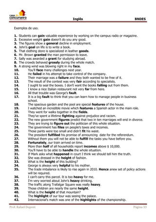 Inglês BNDES 
Exemplos de uso. 
1. Students can gain valuable experience by working on the campus radio or magazine. 
2. Excessive weight gain doesn’t do you any good. 
3. The figures show a general decline in employment. 
4. John’s goal on life is to write a book. 
5. That clothing store is specialized in leather goods. 
6. Mr. Brown granted the man permission to leave. 
7. Sally was awarded a grant for studying abroad. 
8. The crowds behaved grossly during the whole match. 
9. A strong wind was blowing right in my face. 
10. You’ll face many challenges next year. 
11. He failed in his attempt to take control of the company. 
12. Their marriage was a failure and they both wanted to be free of it. 
13. The result of the contest was very fair according to specialists. 
14. I ought to seal the boxes. I don’t want the books falling out from them. 
15. I know a nice Italian restaurant not very far from here. 
16. All that trouble was George’s fault. 
17. It is a big fault to think that you can learn how to manage people in business 
school. 
18. The spacious garden and the pool are special features of the house. 
19. I watched an incredible movie which features a Spanish actor in the main role. 
20. They went for walks together in the fields. 
21. They’ve spent a lifetime fighting against prejudice and racism. 
22. The new government figures predict that two in ten marriages will end in divorce. 
23. They are trying to figure out the politician of this whole situation. 
24. The government has files on people’s taxes and incomes. 
25. Those pants were too small and didn’t fit his waist. 
26. The president fulfilled his promise of announcing date for the referendum. 
27. Without them you will not be able to fulfill the tasks you have before you. 
28. Fortunately, our train arrived on time. 
29. More than half of all households report incomes above $ 10,000. 
30. You’ll have to be able to handle the whole situation. 
31. If Mark asks what happened in court I think we should tell him the truth. 
32. She was dressed in the height of fashion. 
33. What is the height of this building? 
34. George is always very helpful to his mother. 
35. The trade imbalance is likely to rise again in 2010. Hence anew set of policy actions 
will be required. 
36. I can’t carry this parcel. It is too heavy for me. 
37. I‘m very worried about John’s heavy drinking. 
38. The traffic along Trafalgar Square was really heavy. 
39. Those children are nearly the same height. 
40. What is the height of that mountain? 
41. The highlight of our tour was seeing the palace. 
42. Internacional’s match was one of the highlights of the championship. 
Prof. Rafael Dupont Página 33 
 