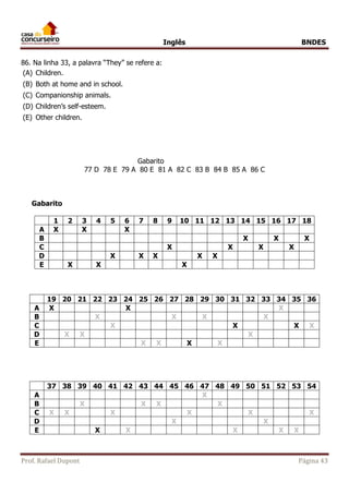 Inglês BNDES 
86. Na linha 33, a palavra “They” se refere a: 
(A) Children. 
(B) Both at home and in school. 
(C) Companionship animals. 
(D) Children’s self-esteem. 
(E) Other children. 
Gabarito 
77 D 78 E 79 A 80 E 81 A 82 C 83 B 84 B 85 A 86 C 
Gabarito 
1 2 3 4 5 6 7 8 9 10 11 12 13 14 15 16 17 18 
A X X X 
B X X X 
C X X X X 
D X X X X X 
E X X X 
19 20 21 22 23 24 25 26 27 28 29 30 31 32 33 34 35 36 
A X X X 
B X X X X 
C X X X X 
D X X X 
E X X X X 
37 38 39 40 41 42 43 44 45 46 47 48 49 50 51 52 53 54 
A X 
B X X X X 
C X X X X X X 
D X X 
E X X X X X 
Prof. Rafael Dupont Página 43 
 