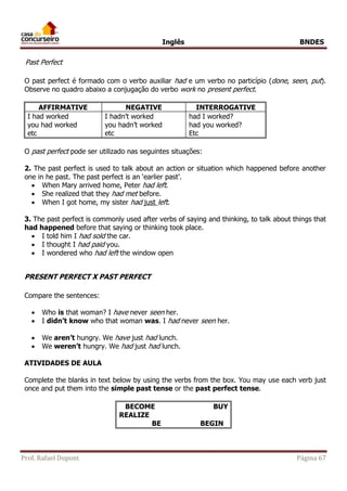 Inglês BNDES 
Past Perfect 
O past perfect é formado com o verbo auxiliar had e um verbo no particípio (done, seen, put). 
Observe no quadro abaixo a conjugação do verbo work no present perfect. 
AFFIRMATIVE NEGATIVE INTERROGATIVE 
I had worked 
you had worked 
etc 
I hadn’t worked 
you hadn’t worked 
etc 
had I worked? 
had you worked? 
Etc 
O past perfect pode ser utilizado nas seguintes situações: 
2. The past perfect is used to talk about an action or situation which happened before another 
one in he past. The past perfect is an ‘earlier past’. 
 When Mary arrived home, Peter had left. 
 She realized that they had met before. 
 When I got home, my sister had just left. 
3. The past perfect is commonly used after verbs of saying and thinking, to talk about things that 
had happened before that saying or thinking took place. 
 I told him I had sold the car. 
 I thought I had paid you. 
 I wondered who had left the window open 
PRESENT PERFECT X PAST PERFECT 
Compare the sentences: 
 Who is that woman? I have never seen her. 
 I didn’t know who that woman was. I had never seen her. 
 We aren’t hungry. We have just had lunch. 
 We weren’t hungry. We had just had lunch. 
ATIVIDADES DE AULA 
Complete the blanks in text below by using the verbs from the box. You may use each verb just 
once and put them into the simple past tense or the past perfect tense. 
BECOME BUY 
REALIZE 
BE BEGIN 
Prof. Rafael Dupont Página 67 
 