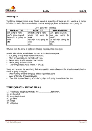 Inglês BNDES 
Be Going To 
Também é possível referir-se ao futuro usando a seguinte estrutura: to be + going to + forma 
infinitiva do verbo. No quadro abaixo, observe a conjugação do verbo leave com o going to. 
be + going to + infinitive 
AFFIRMATIVE NEGATIVE INTERROGATIVE 
I’m going to work 
you’re going to work 
he/she/it is going to 
work 
etc 
I’m not going to work 
you’re not going to 
work 
he/she/it isn’t going to 
work 
etc 
Am I going to work? 
Are you going to 
work? 
Is he/she/it going to 
work? 
Etc 
O futuro com be going to pode ser utilizado nas seguintes situações: 
Actions which have already been decided to do before we speak. 
 I’m going to stay three months in Canada. 
 They are going to get married next year. 
 We’re going to visit grandpa next month. 
 We’re going to have a baby. 
 They are going to move on the 1st of July. 
It can also be used for something that we expect to happen because the situation now indicates 
that it is going to happen. 
 He is running towards the goal, and he’s going to score. 
 Look at the sky. It’s going to rain. 
 That little boy isn’t looking where he’s going. He’s going to walk into that tree. 
TESTES (VERBOS – REVISÃO GERAL) 
13. I’ve already bought our tickets. We ………………….. tomorrow. 
(A) are traveled 
(B) are going to travel 
(C) go travel 
(D) will go 
(E) will going. 
Prof. Rafael Dupont Página 69 
 