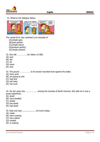 Inglês BNDES 
31. Observe the dialogue below: 
The verbal form has vanished is an example of 
(A) simple past. 
(B) past perfect. 
(C) simple future. 
(D) present perfect. 
(E) simple present. 
32. She still …………….. her father £3 000. 
(A) owe 
(B) did 
(C) do 
(D) owes 
(E) love 
33. The pound ………………. to its lowest recorded level against the dollar. 
(A) have sunk 
(B) are going to sink 
(C) had sink 
(D) will sinks 
(E) has sunk 
34. For ten years she ………………… among the nomads of North America. She told me it was a 
great experience. 
(A) dwelt 
(B) have dwelled 
(C) dwells 
(D) has dwelt 
(E) had dwell 
35. Kate and Jack ..................... me lunch today. 
(A) cooks 
(B) were cooking 
(C) has cooked 
(D) cooked 
(E) is cooking 
Prof. Rafael Dupont Página 73 
 